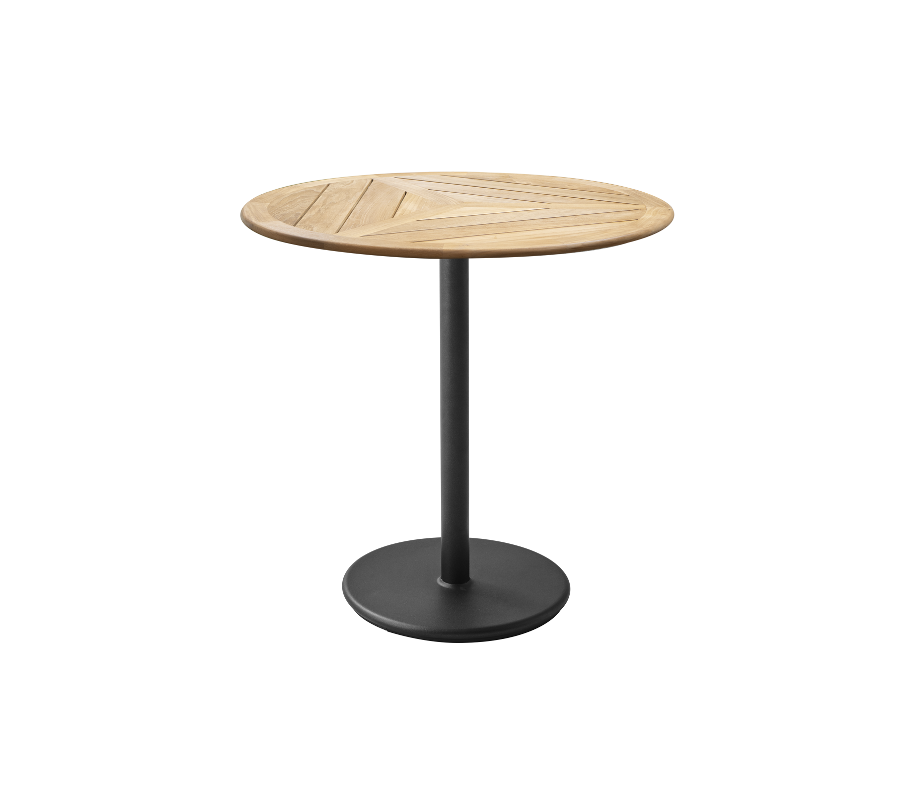 Runt bord med en träskiva som har en geometrisk design och en metallbas med matt yta. Perfekt för avslappnade måltider eller sammankomster.