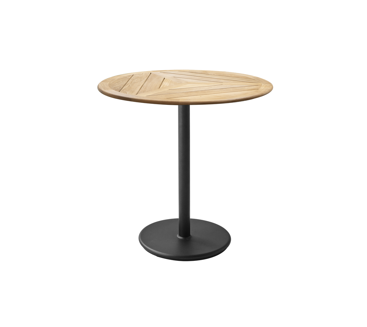 Runt bord med en träskiva som har en geometrisk design och en metallbas med matt yta. Perfekt för avslappnade måltider eller sammankomster.