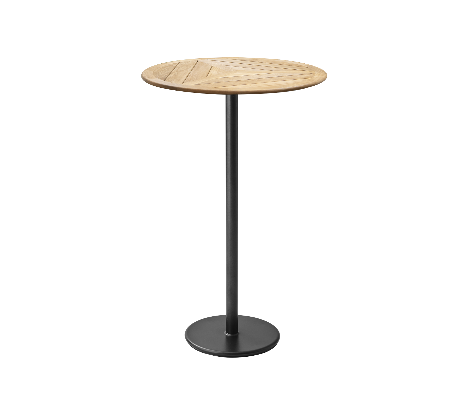 Runt träbord med spaltad topp, stödd av en slank svart metallfot. Ideal för avslappnad middag eller sociala samlingar.