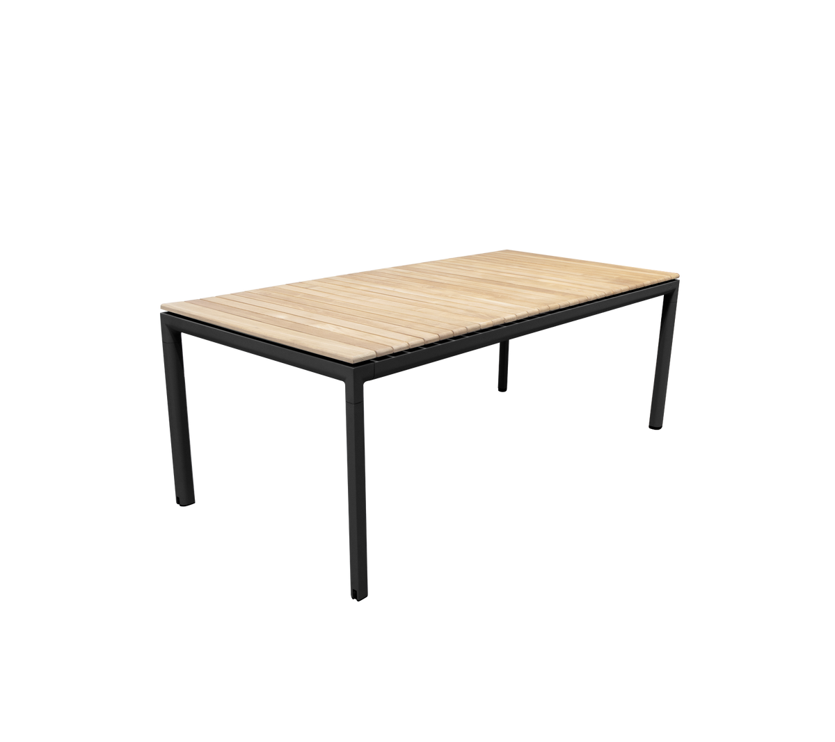 Ett modernt bord med en elegant svart metallram och en ljus träytan, designat för mångsidig användning.