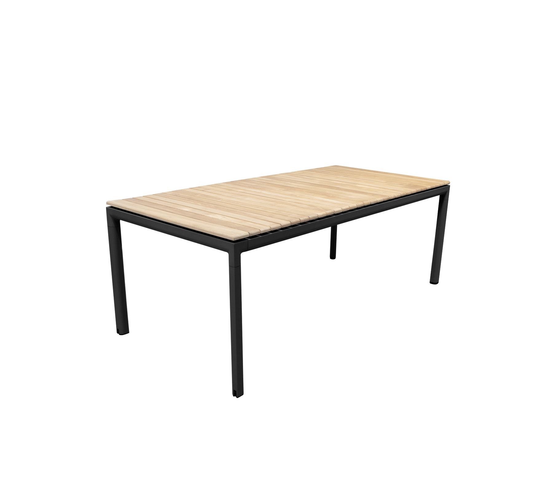 Ett modernt bord med en elegant svart metallram och en ljus träytan, designat för mångsidig användning.