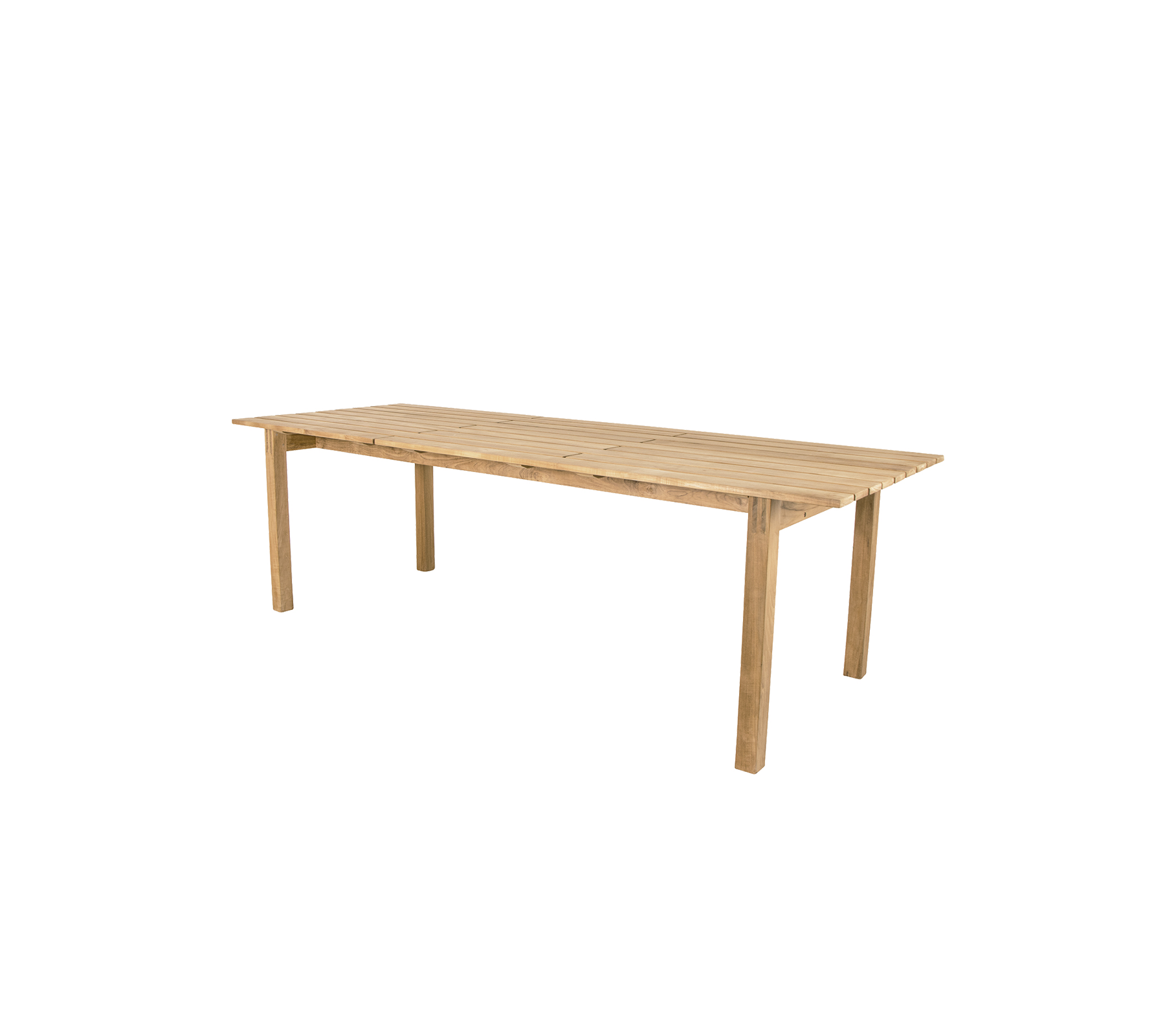 Träbord med naturlig yta, med fyra robusta ben och en rymlig rektangulär yta, lämplig för matplats eller arbetsyta.