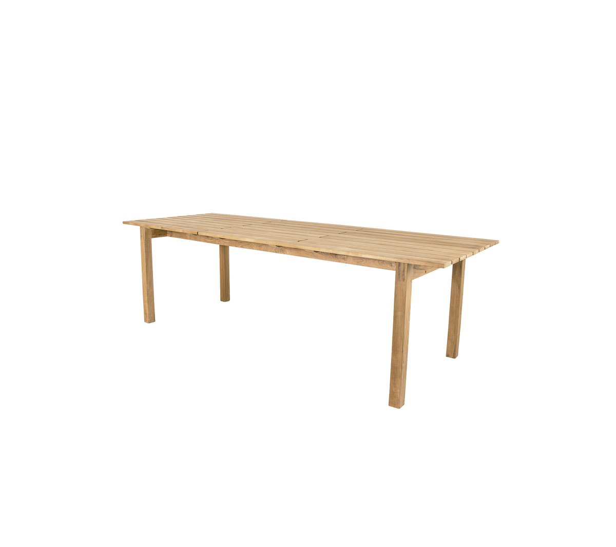 Träbord med naturlig yta, med fyra robusta ben och en rymlig rektangulär yta, lämplig för matplats eller arbetsyta.
