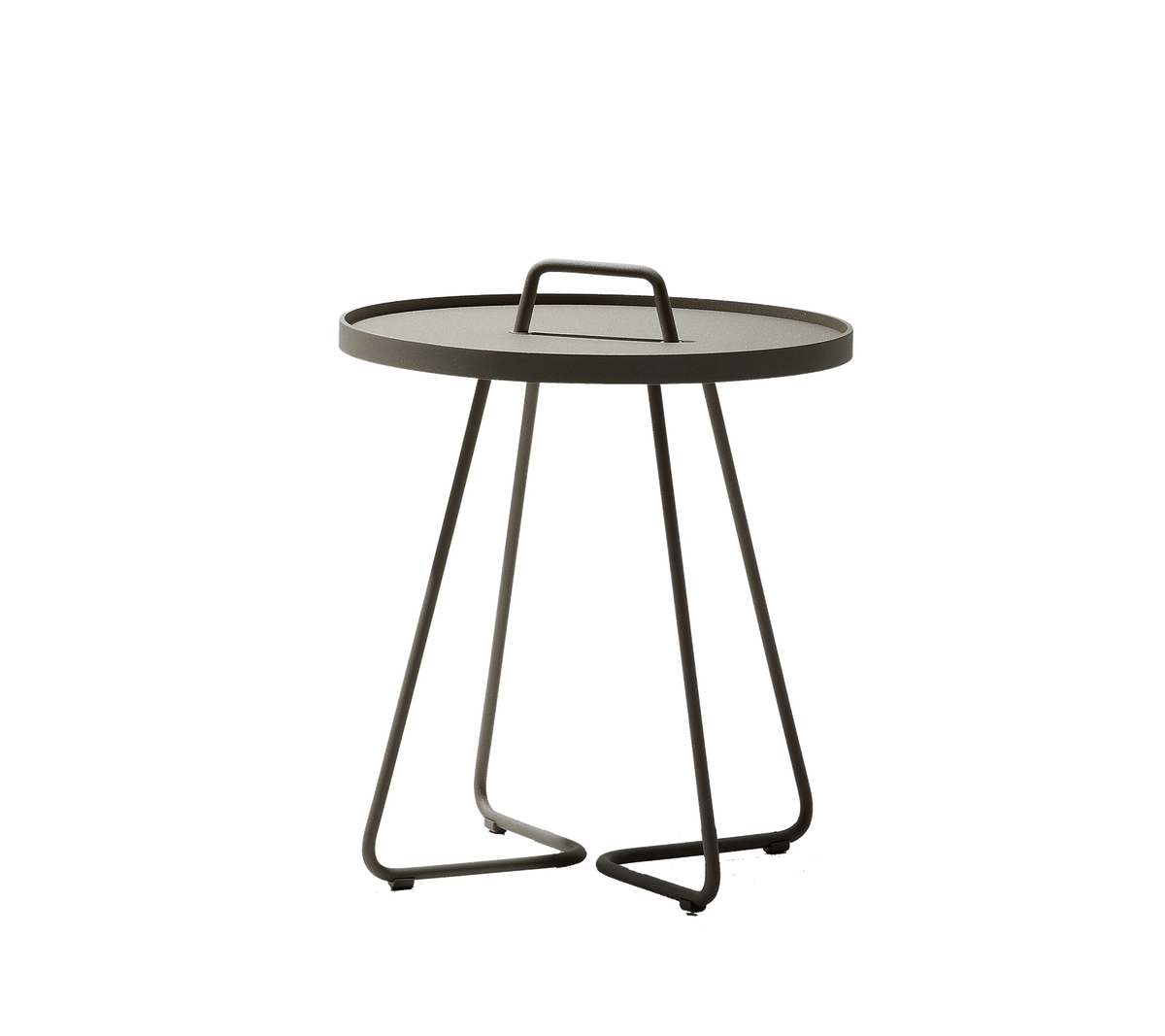 Runt bord med en slank design, med ett bärhandtag och en minimalistisk bas. Perfekt för varje modern miljö.