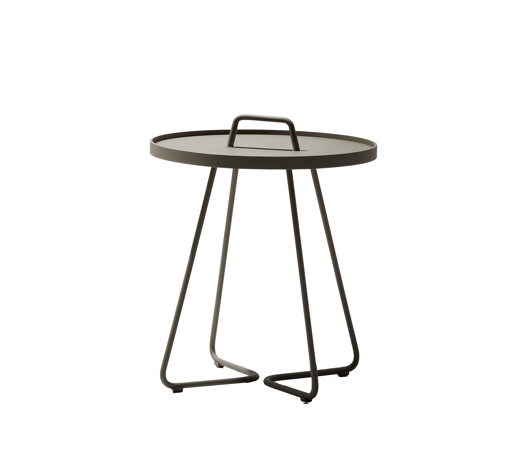 Runt bord med en slank design, med ett bärhandtag och en minimalistisk bas. Perfekt för varje modern miljö.