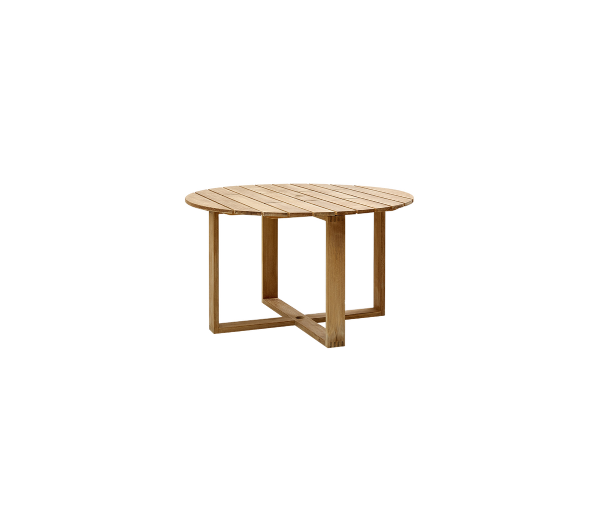 Runt träkaffebord med lameller och en unik geometrisk bas som visar en naturlig finish och modern design.
