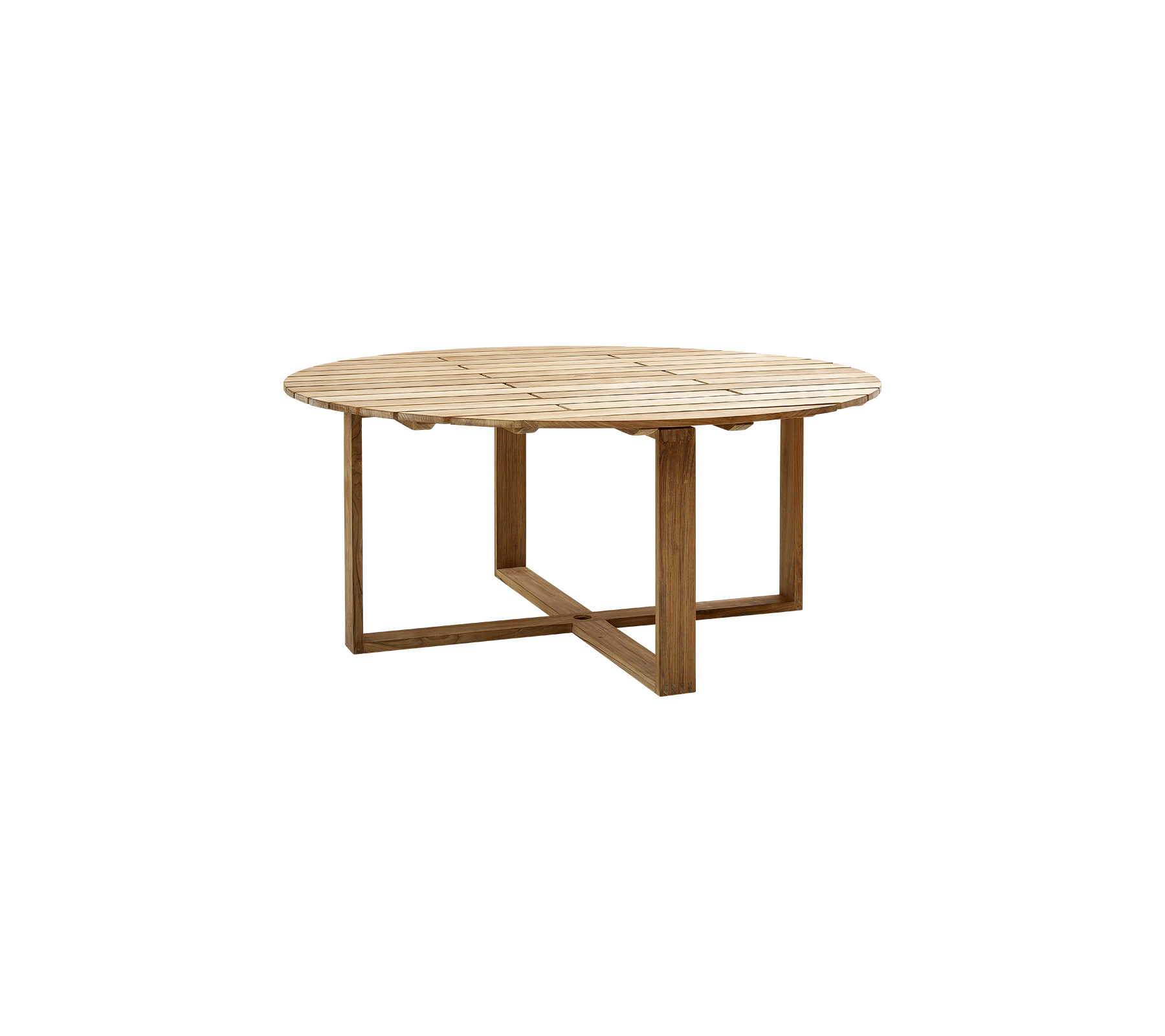 Runt trädbord med en naturlig finish och en stabil, korskärande bas, designad för mångsidig användning.