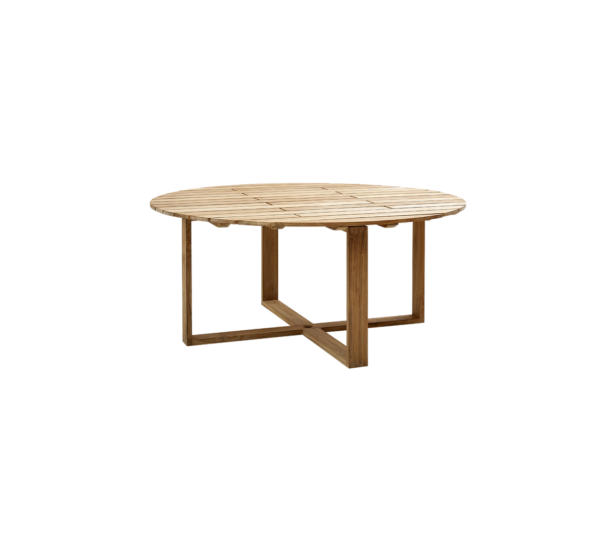 Runt trädbord med en naturlig finish och en stabil, korskärande bas, designad för mångsidig användning.