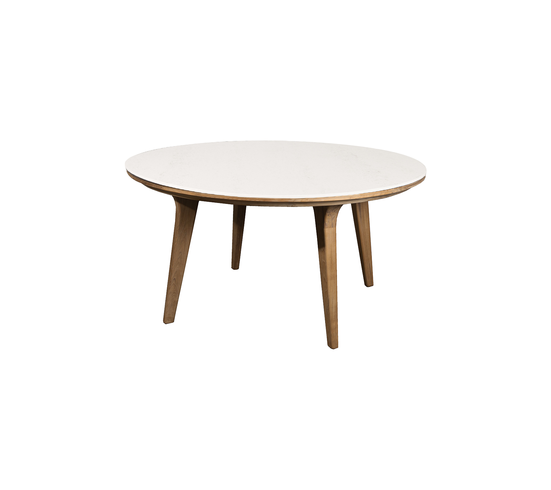 Runt bord med en slät vit topp och träben, idealiskt för middagar eller informella sammankomster. Elegant och modernt design.