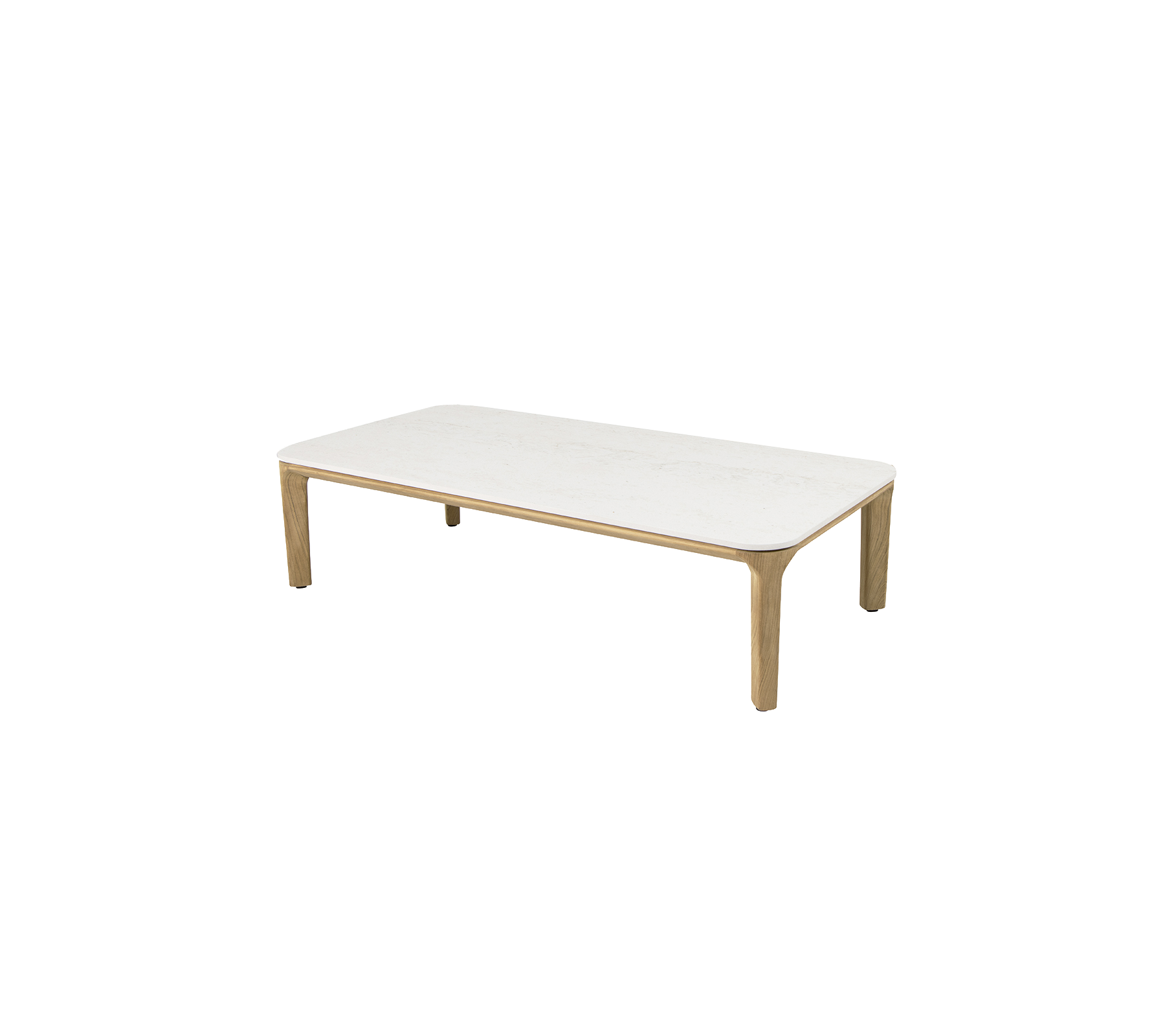 Rektangulärt kaffe bord med en stilren vit yta och ben av naturträ, perfekt för moderna vardagsrum.