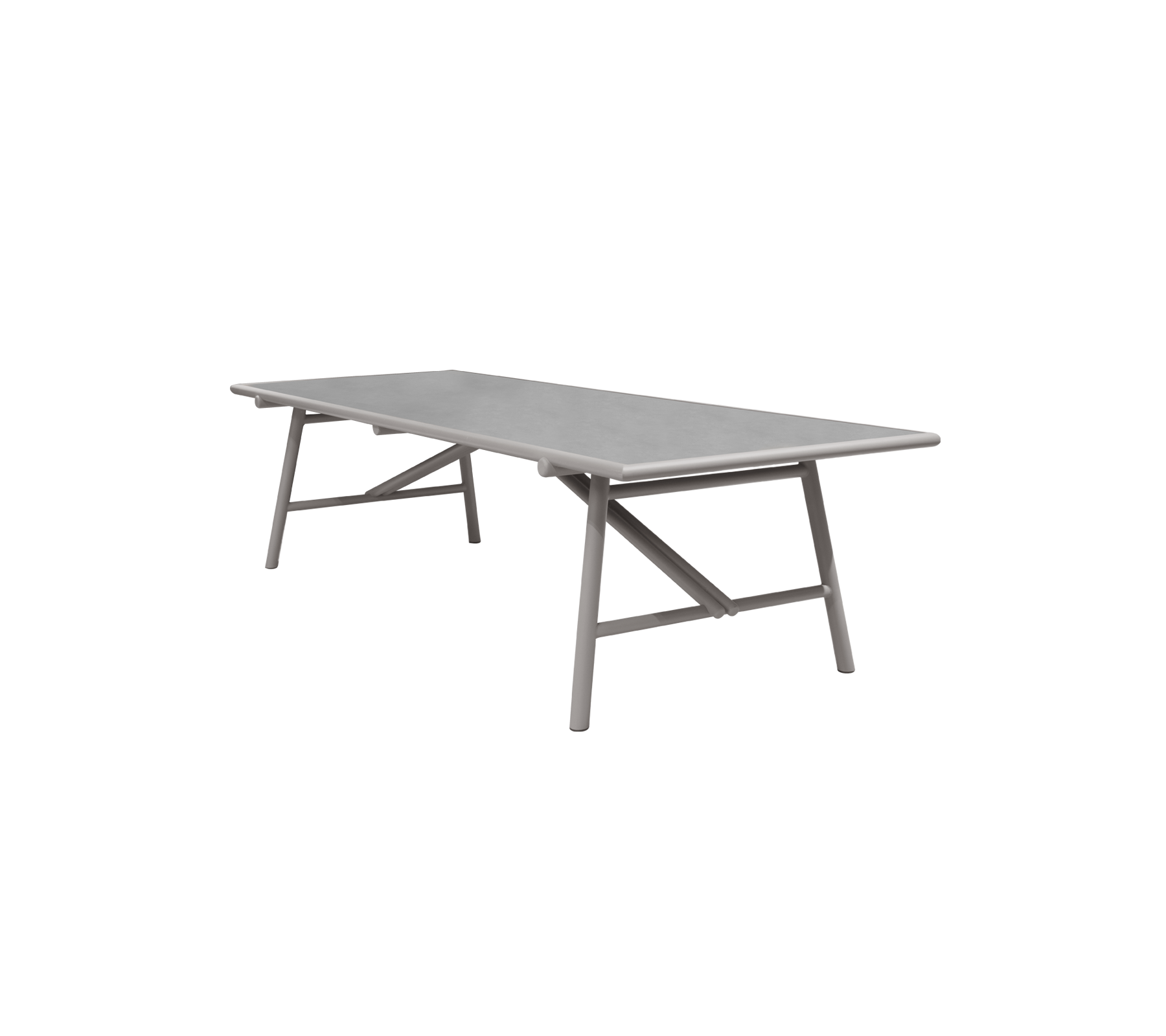Rektangulärt bord med grå topp och stadig korsettsdesign, perfekt för olika miljöer och sammankomster. Lätt vikt och modern estetik.