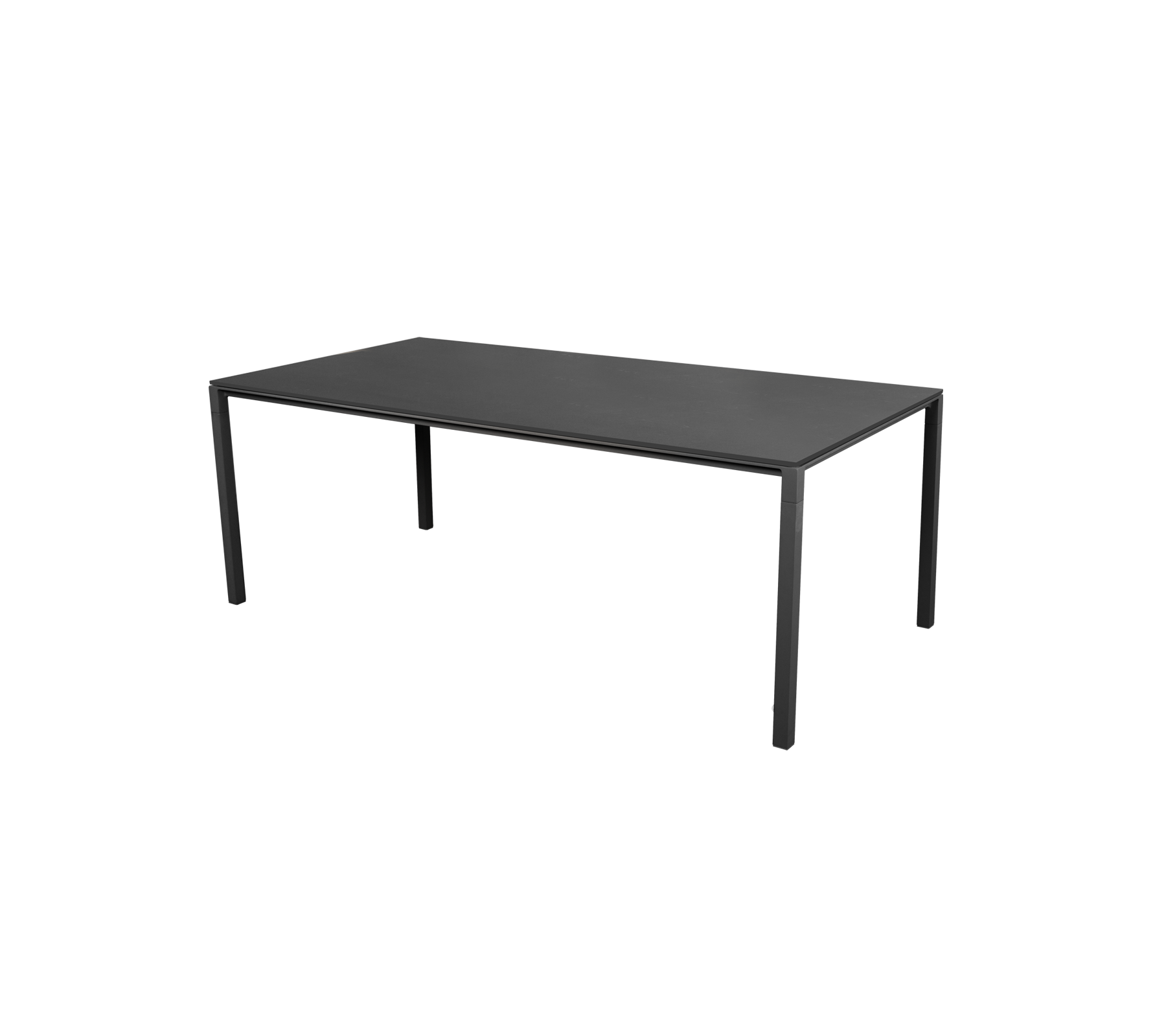 Ett stilrent svart bord med minimalistisk design som har fyra raka ben. Lämplig för olika miljöer och ändamål.