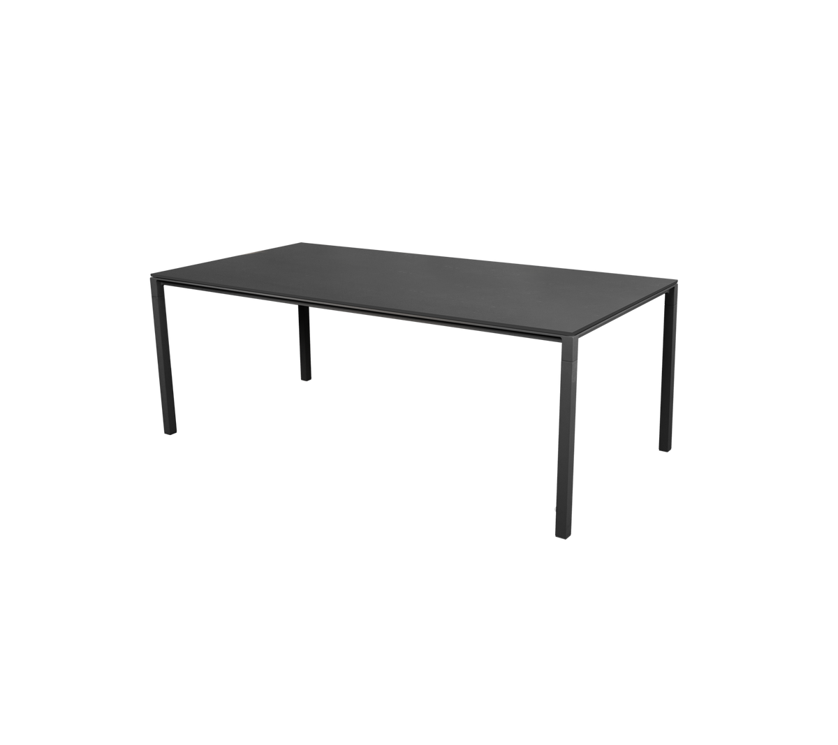 Ett stilrent svart bord med minimalistisk design som har fyra raka ben. Lämplig för olika miljöer och ändamål.