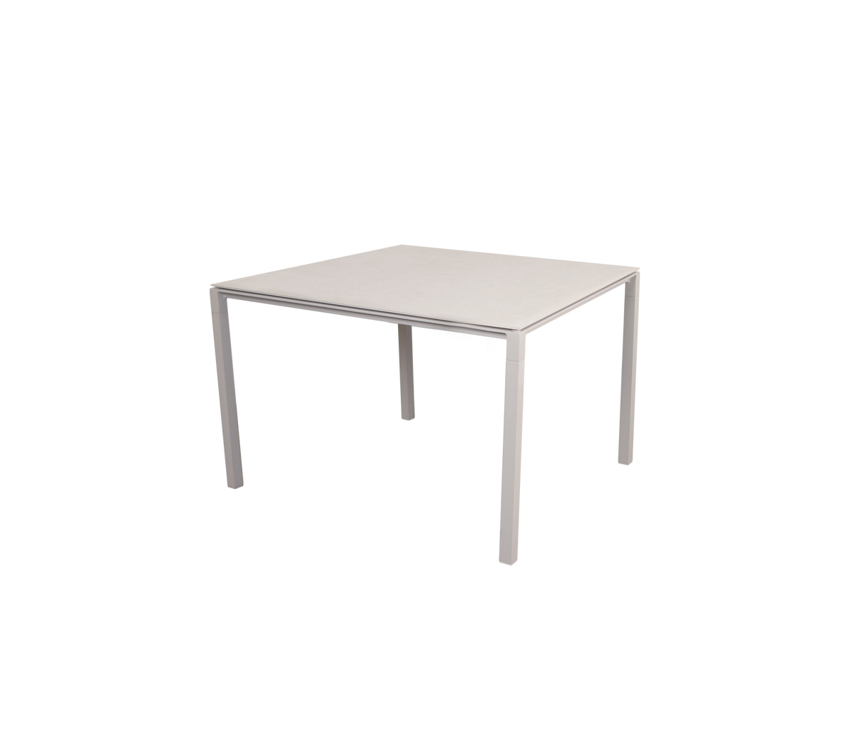 Fyrkantigt bord med en strömlinjeformad, minimalistisk design, med en platt yta och fyra stabila ben, lämpligt för olika miljöer.