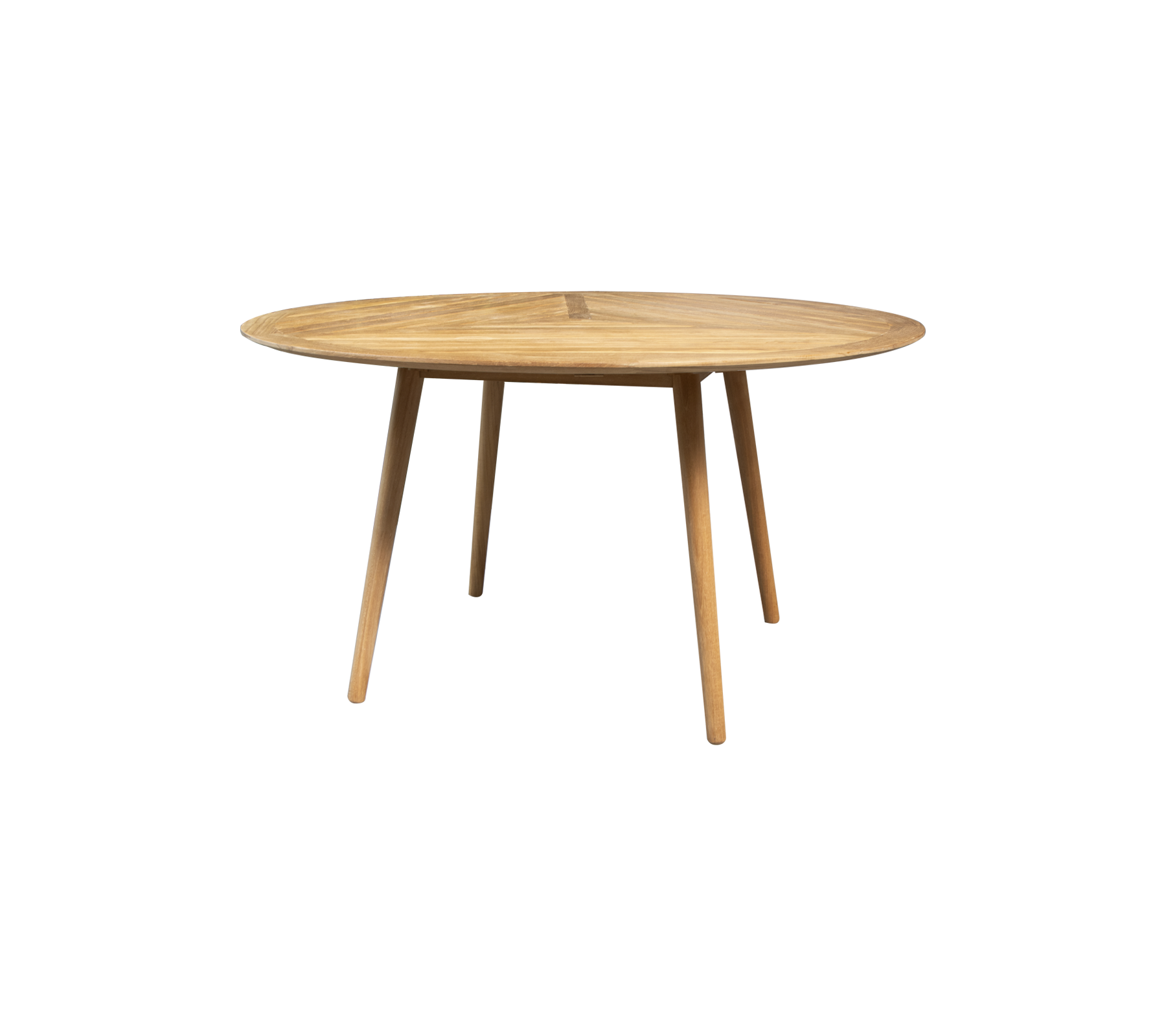 Runt träbord med en slät yta och slanka ben, designat för stilig och funktionell matplats eller arbetsyta.