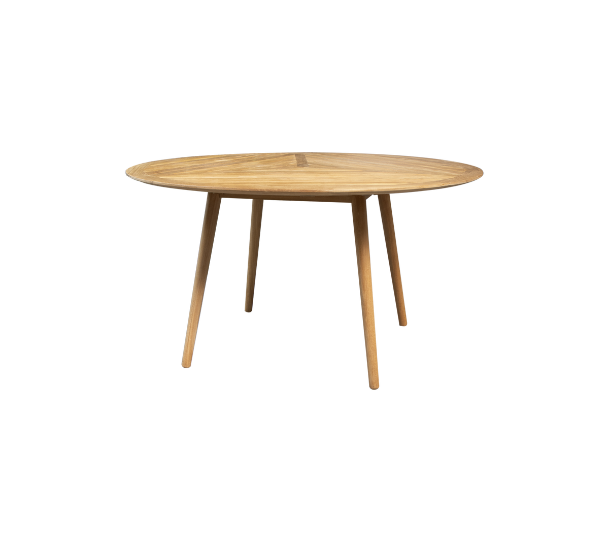 Runt träbord med en slät yta och slanka ben, designat för stilig och funktionell matplats eller arbetsyta.