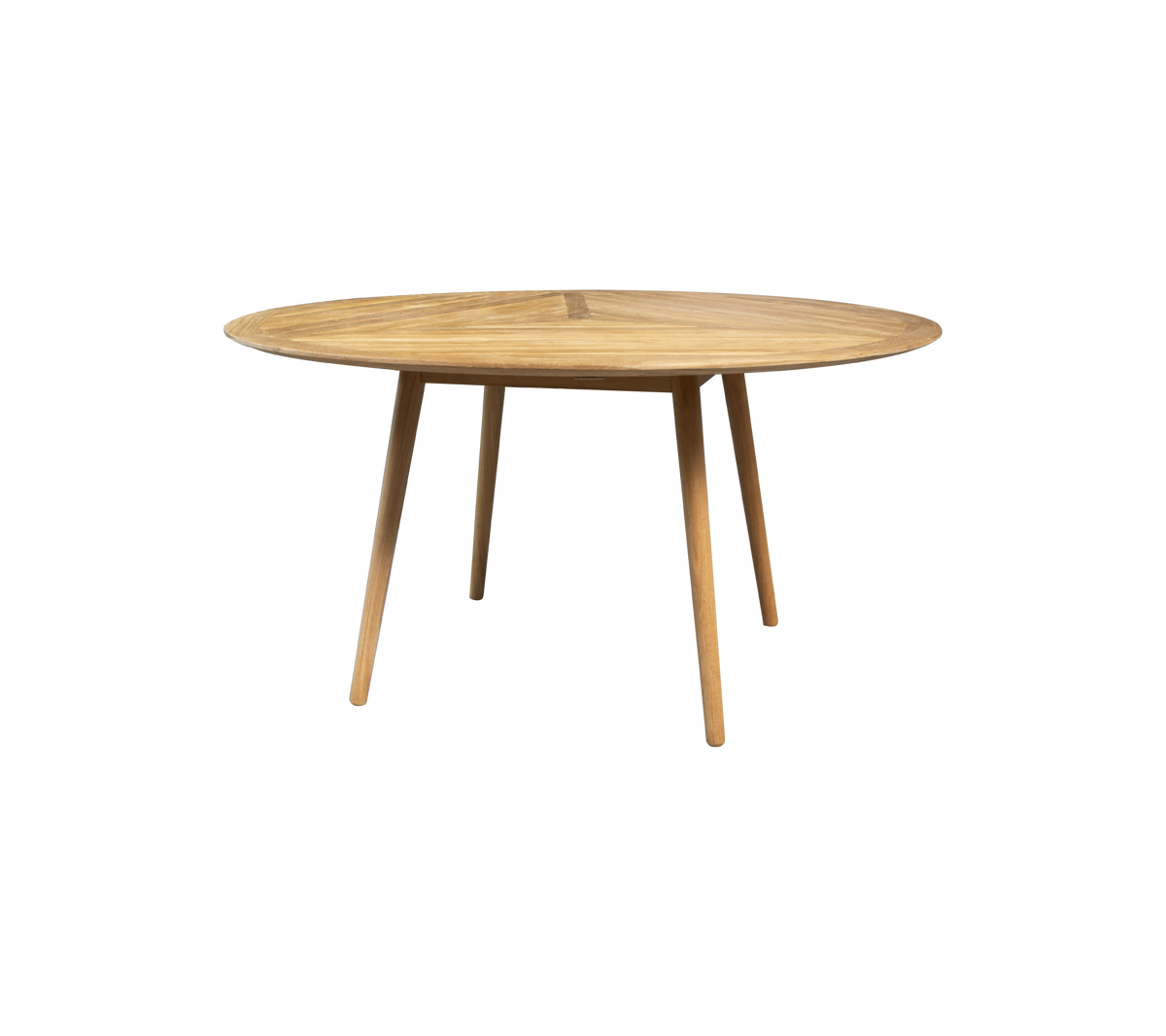 Runt träbord med en slät yta och fyra avsmalnande ben, designat för mångsidiga mat- eller arbetsarrangemang.