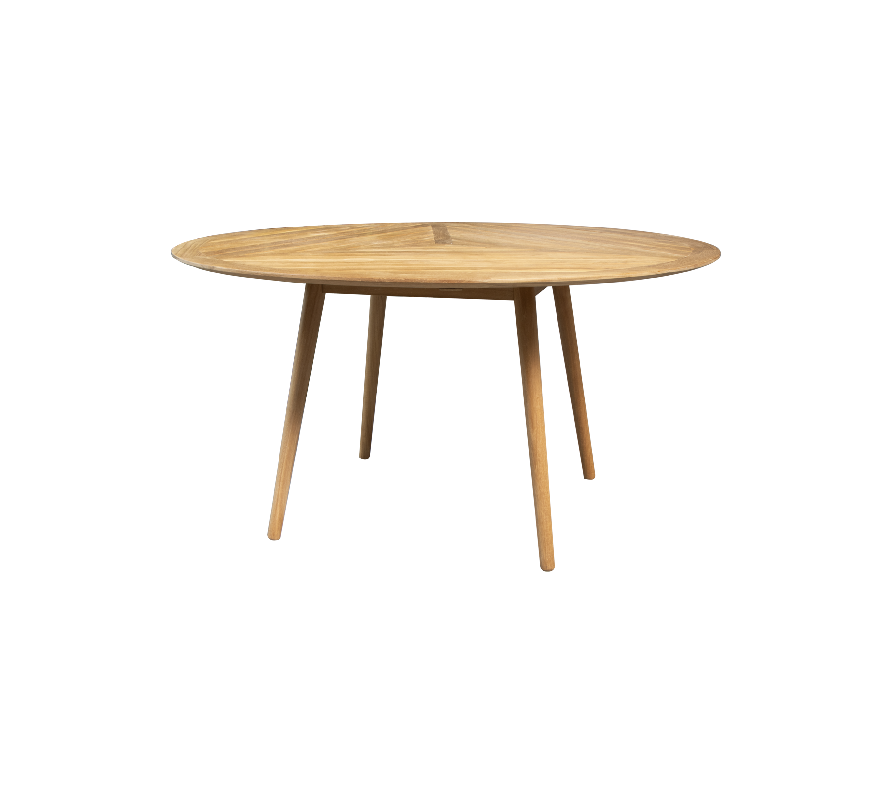 Runt träbord med en slät yta och fyra avsmalnande ben, designat för mångsidiga mat- eller arbetsarrangemang.