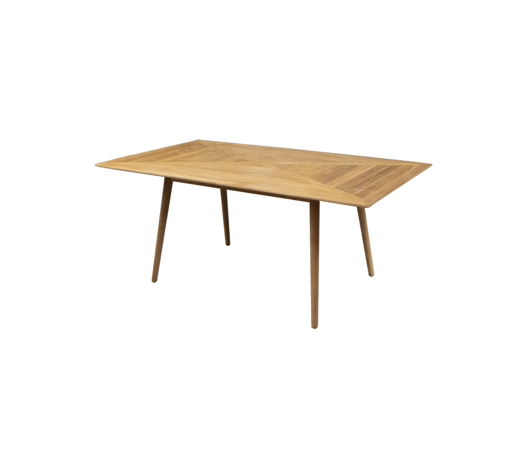 Rektangulärt träbord med ljus finish och avsmalnande ben, perfekt för matplats eller arbetsyta. Enkelt och modernt design.
