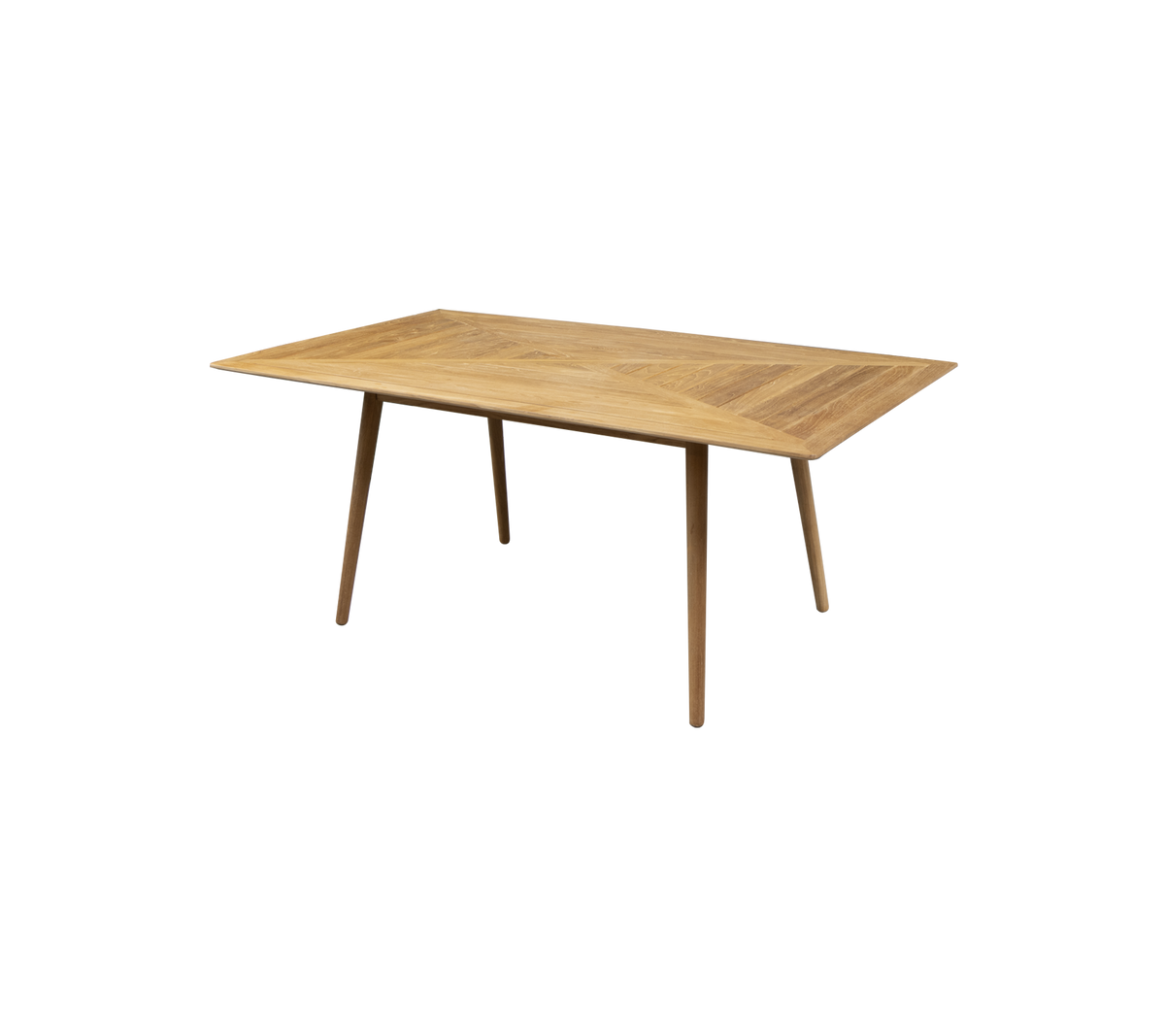 Rektangulärt träbord med ljus finish och avsmalnande ben, perfekt för matplats eller arbetsyta. Enkelt och modernt design.