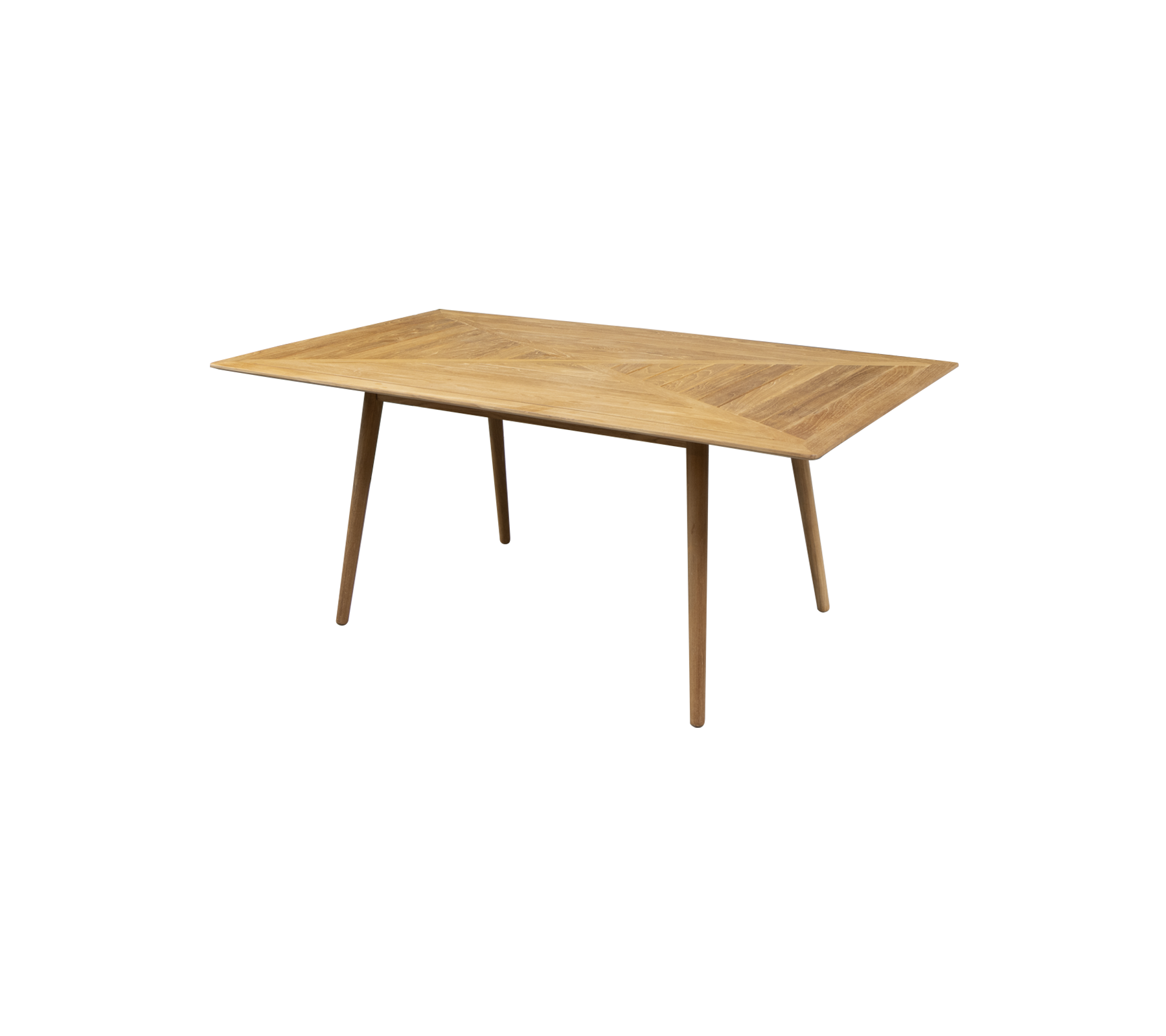 Rektangulärt träbord med ljus finish och avsmalnande ben, perfekt för matplats eller arbetsyta. Enkelt och modernt design.