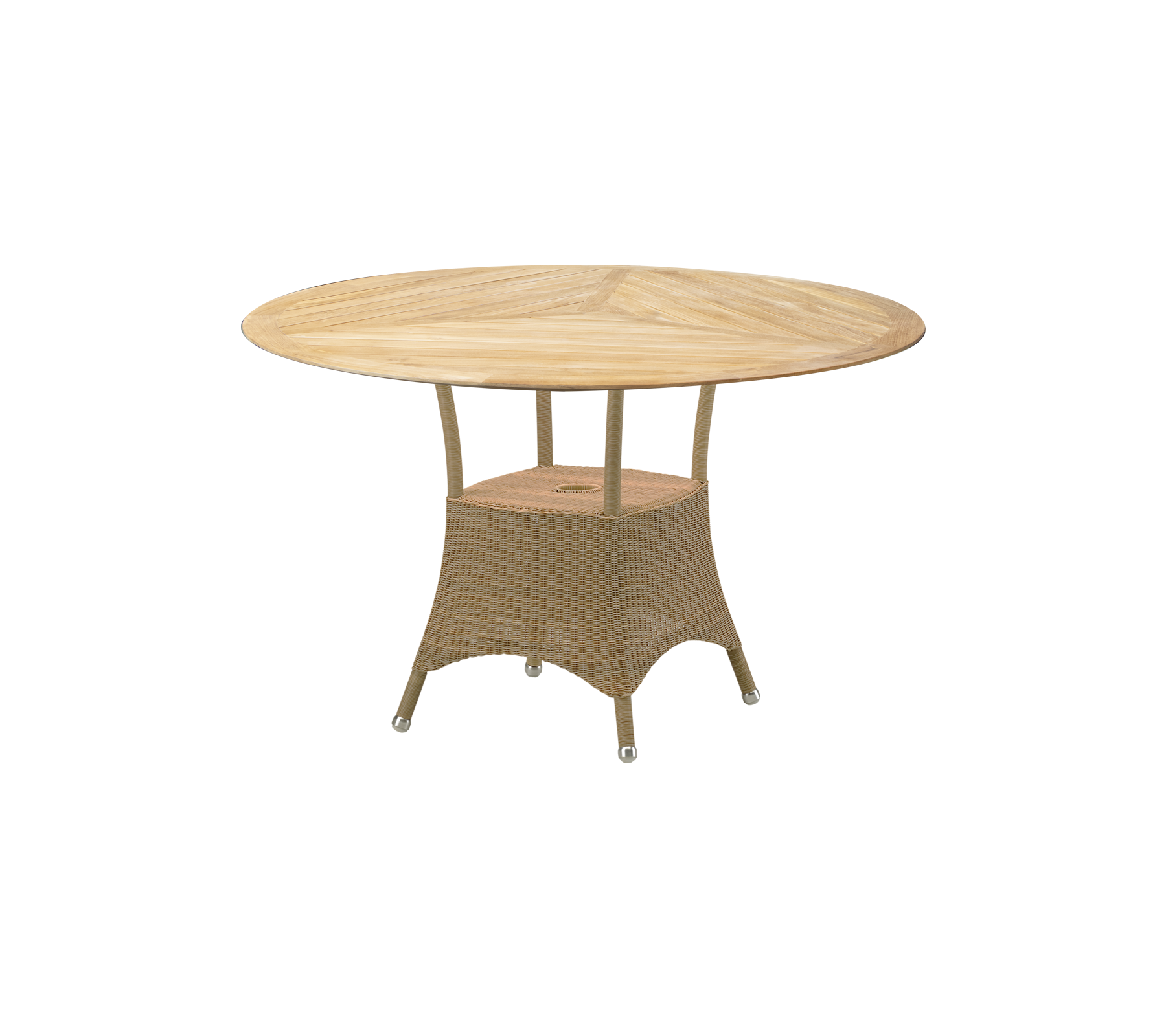 Runt bord med en träskiva och en vävd bas, designat för utomhusunderhållning och middagar. Lämpligt för livliga sammankomster.
