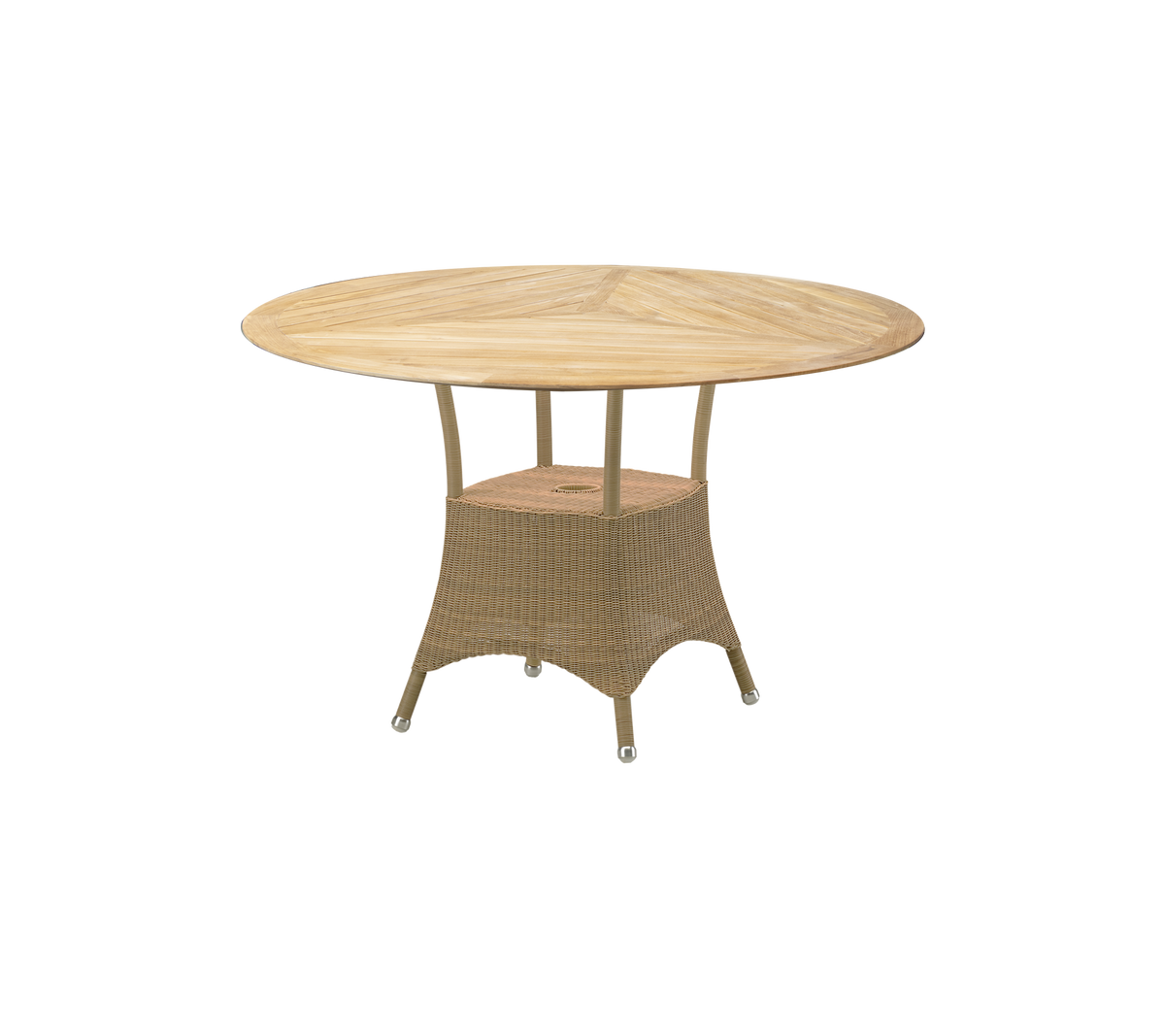 Runt bord med en träskiva och en vävd bas, designat för utomhusunderhållning och middagar. Lämpligt för livliga sammankomster.