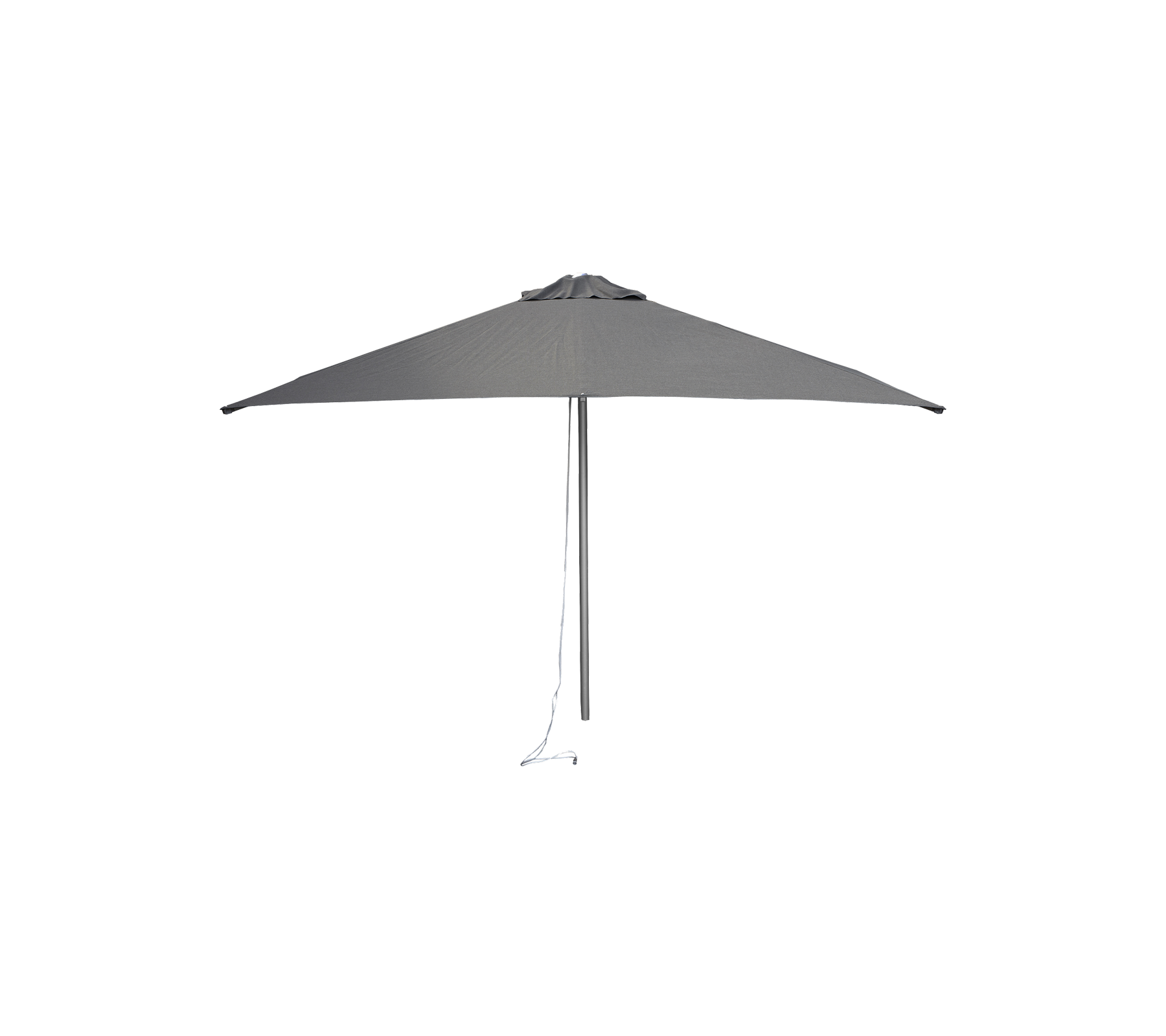 Ett elegant, grått paraply med en triangulär skärmdesign och en stadig stödstång, med en dragkabel för enkel justering.