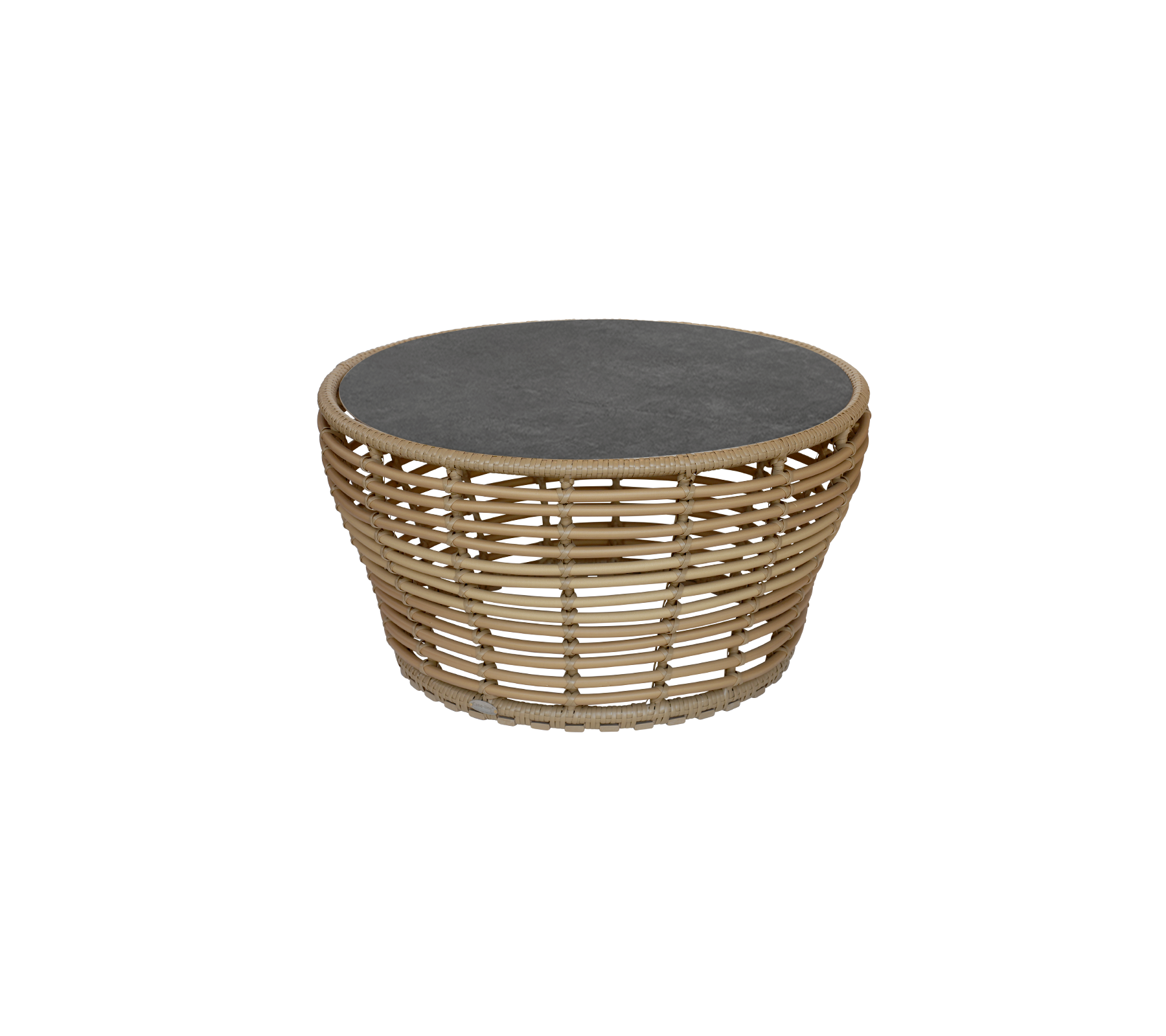 Runt bord med en mörk top och en vävd bas i naturligt material, som ger en modern känsla till vilket utrymme som helst.