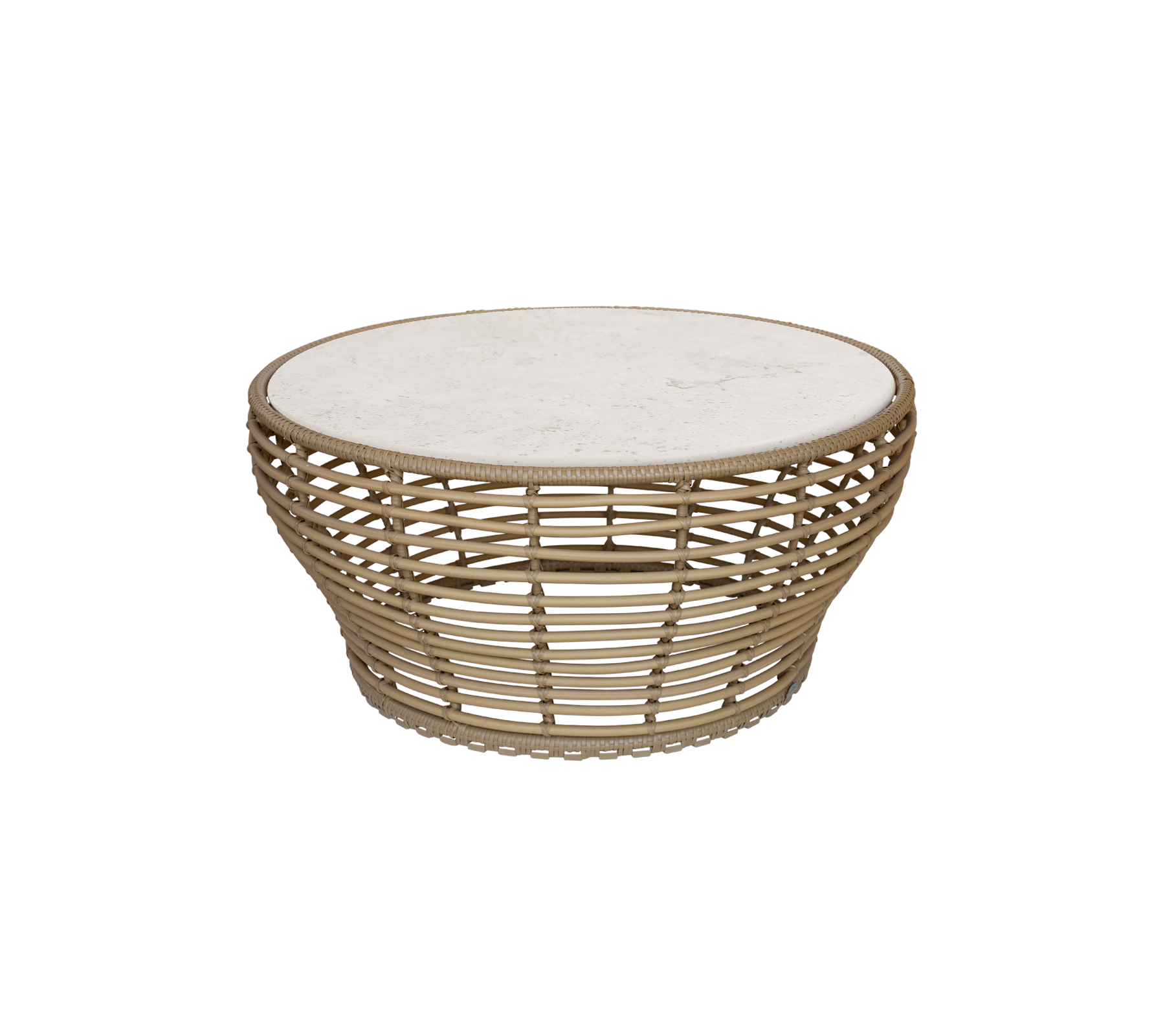 Naturligt soffbord med rund topp och öppen vävd design.