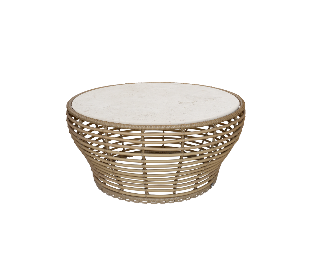 Naturligt soffbord med rund topp och öppen vävd design.