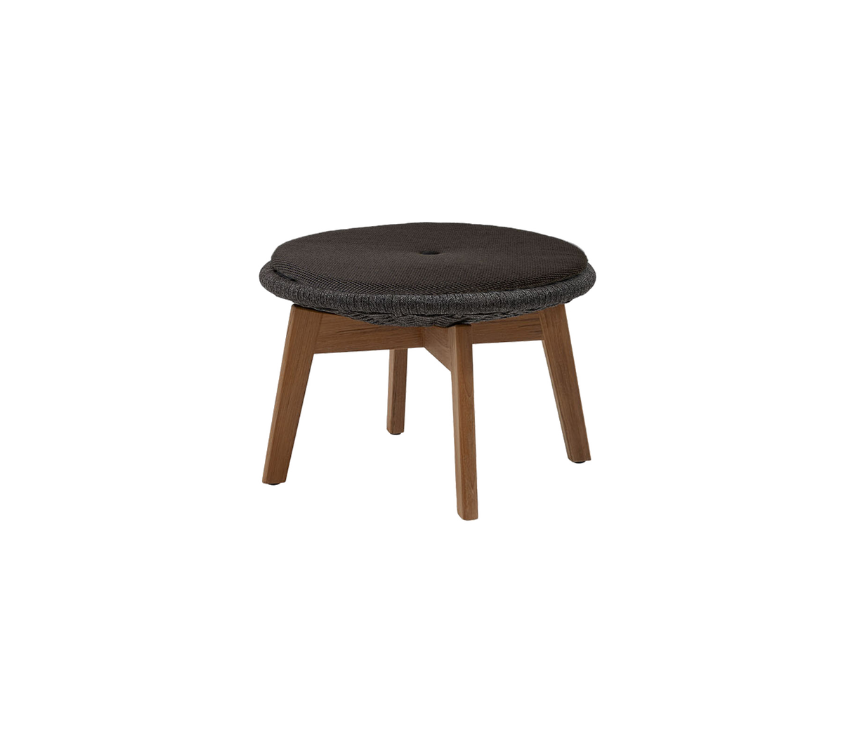 Rund stoppad pall med en mörk yta och ben i trä, designad för komfort och stil. Idealisk för mångsidiga sittarrangemang.
