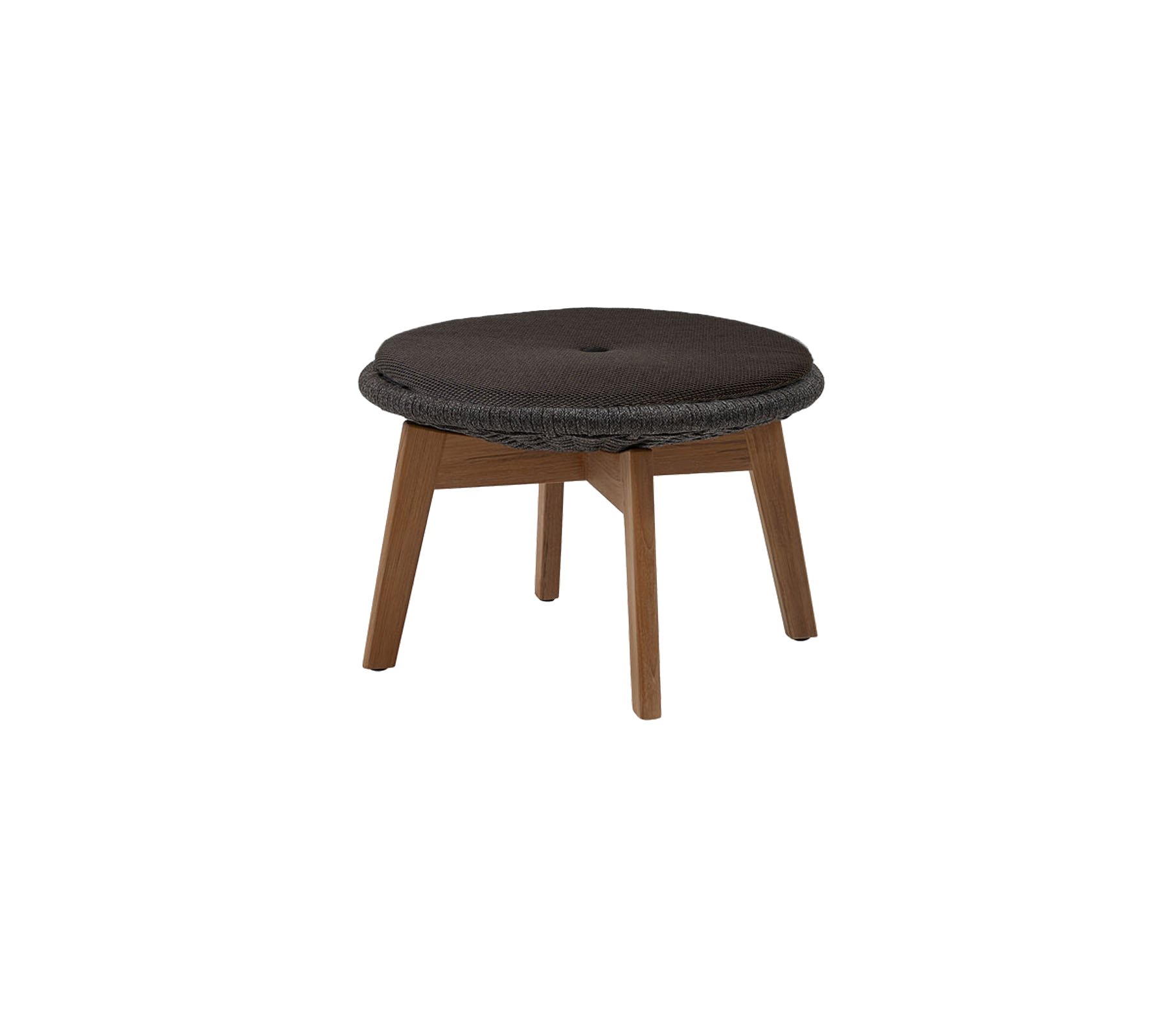 Rund stoppad pall med en mörk yta och ben i trä, designad för komfort och stil. Idealisk för mångsidiga sittarrangemang.