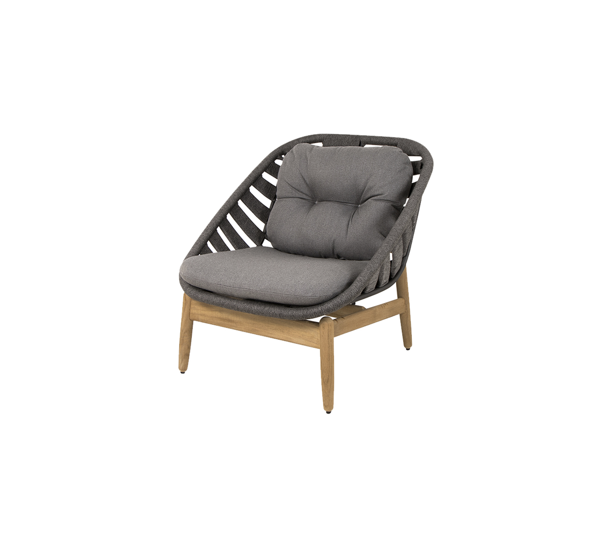 Stilig stol med vadderat säte i grått och en träram, med en unik vävd design för modern inredning.