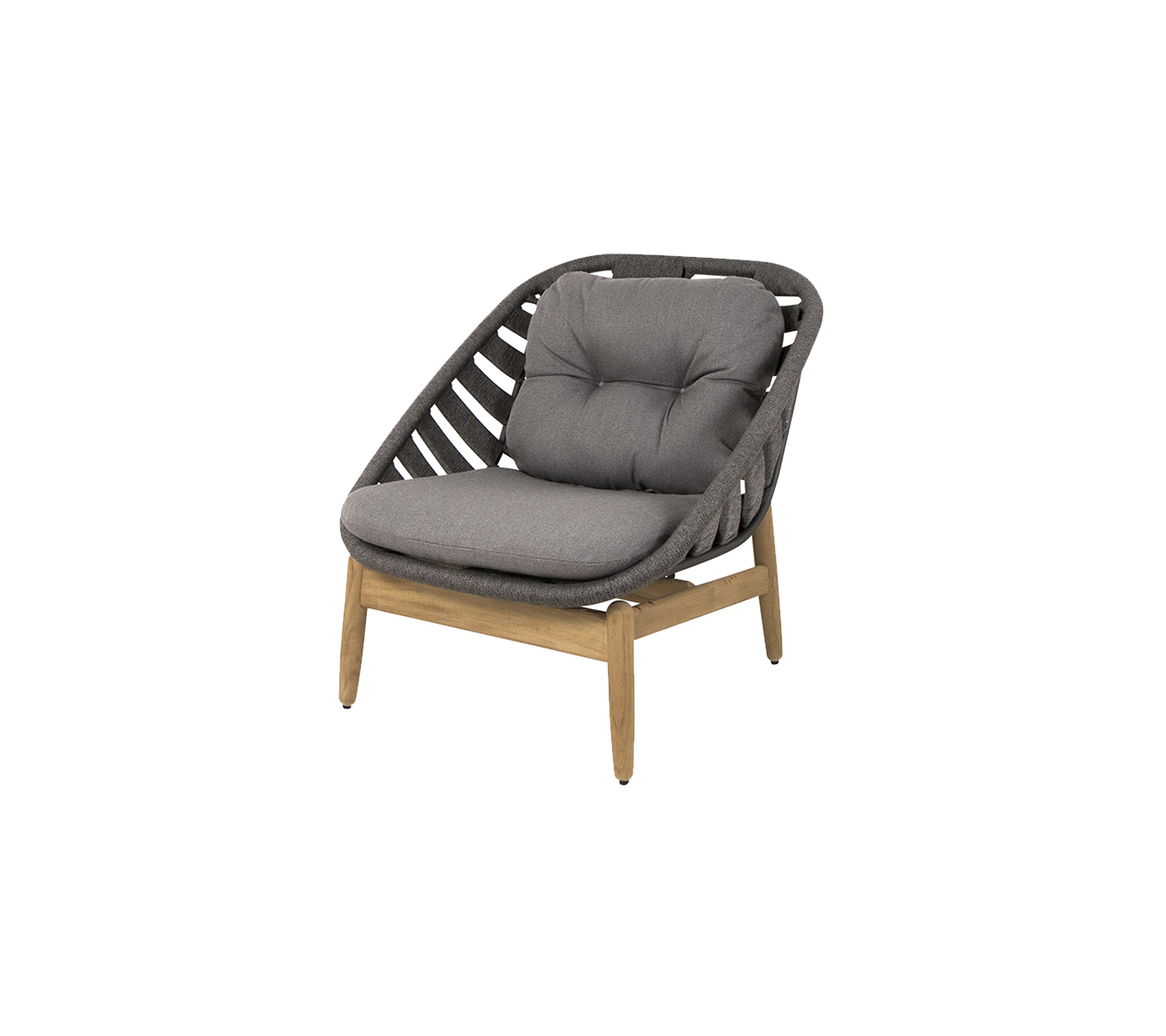 Stilig stol med vadderat säte i grått och en träram, med en unik vävd design för modern inredning.