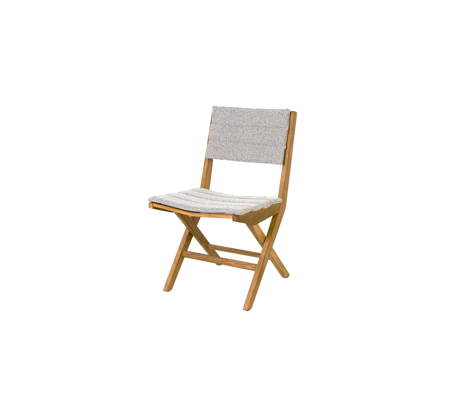 Fällstol med en trästomme och en texturerad tygsits och ryggstöd, som förenar funktionalitet och stil för mångsidig användning.