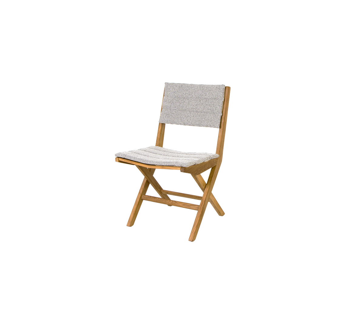 Fällstol med en trästomme och en texturerad tygsits och ryggstöd, som förenar funktionalitet och stil för mångsidig användning.