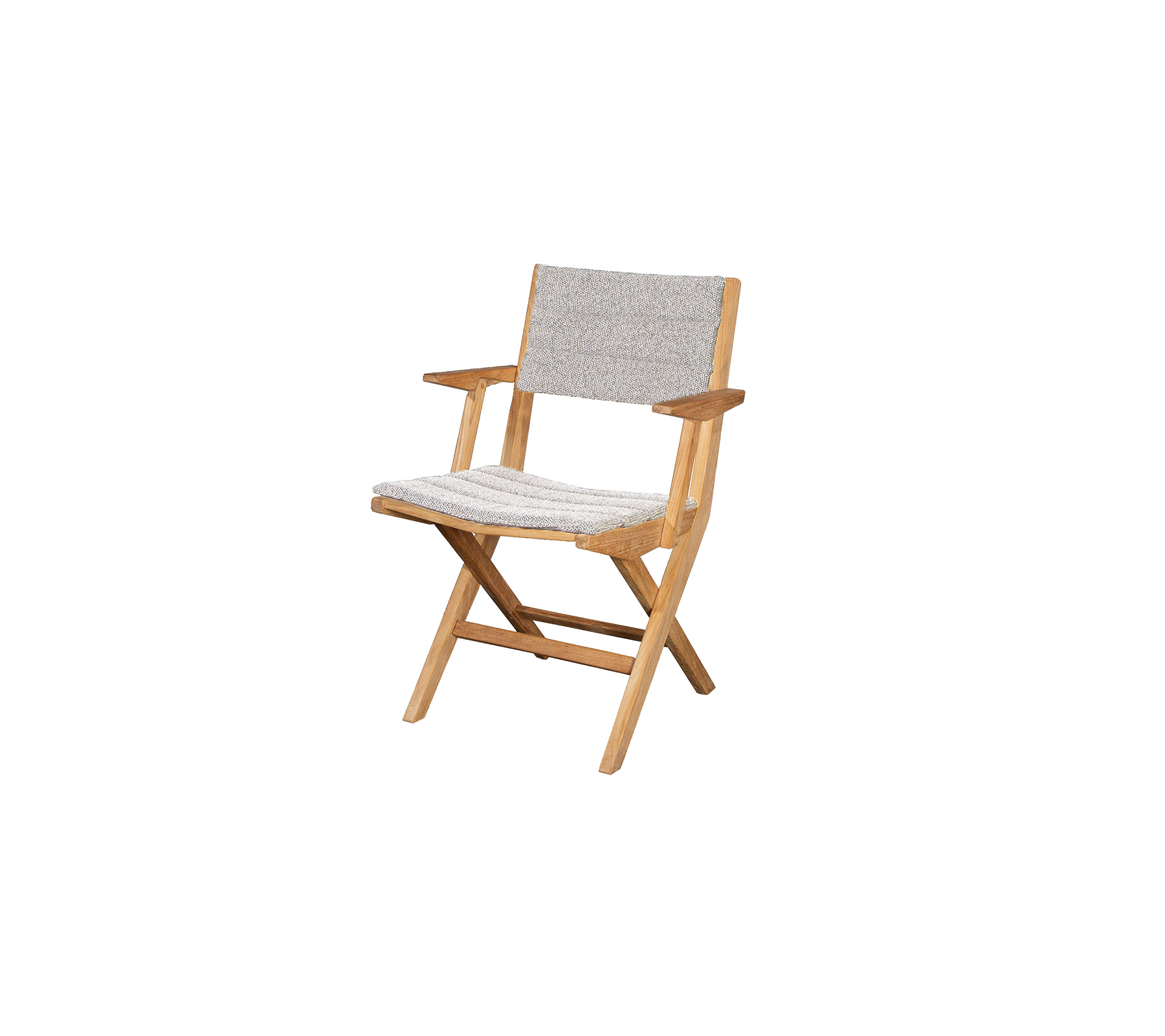 Fällbar trästol med ett lätt tygsäte och rygg, med enkla armstöd och en minimalistisk design. Ideal för olika miljöer.