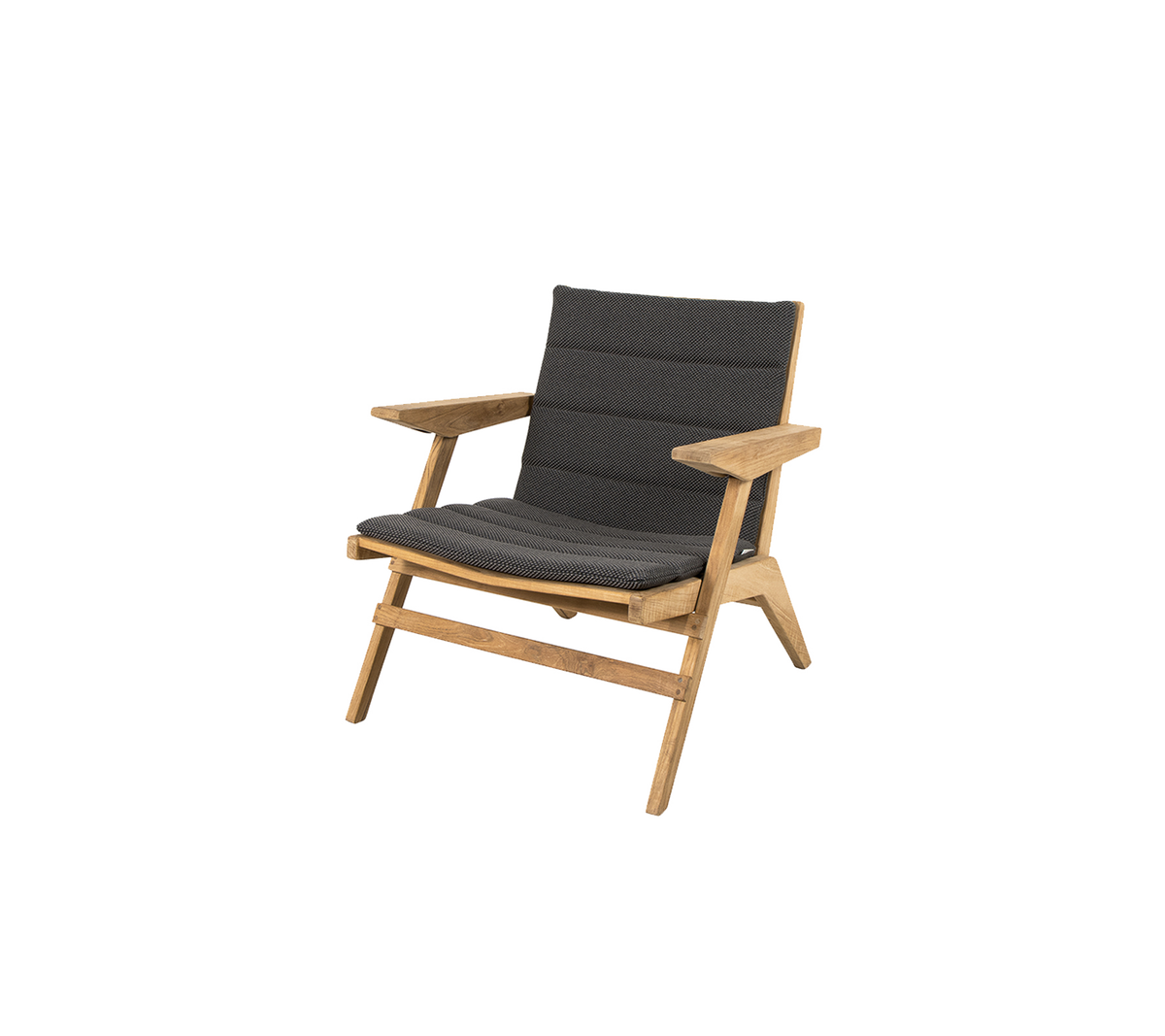Modern träfåtölj med en grå vadderad sits och ryggstöd, som har en stilren design som kompletterar olika inredningsstilar.