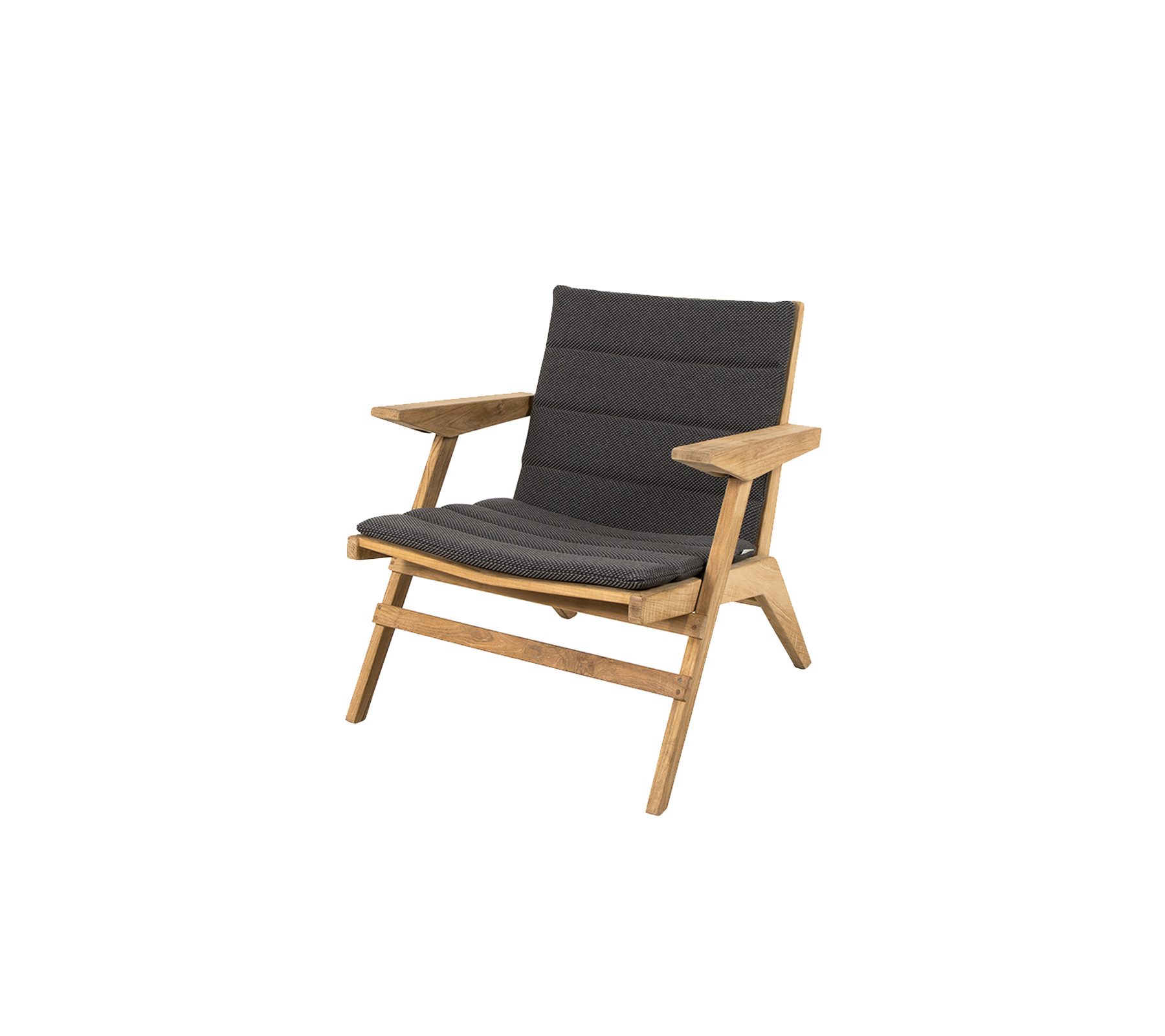 Modern träfåtölj med en grå vadderad sits och ryggstöd, som har en stilren design som kompletterar olika inredningsstilar.