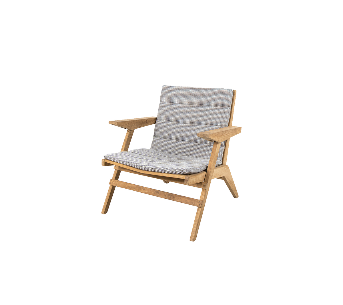 Stilig loungestol med trästomme och mjuka grå kuddar, designad för komfort och modern estetik.