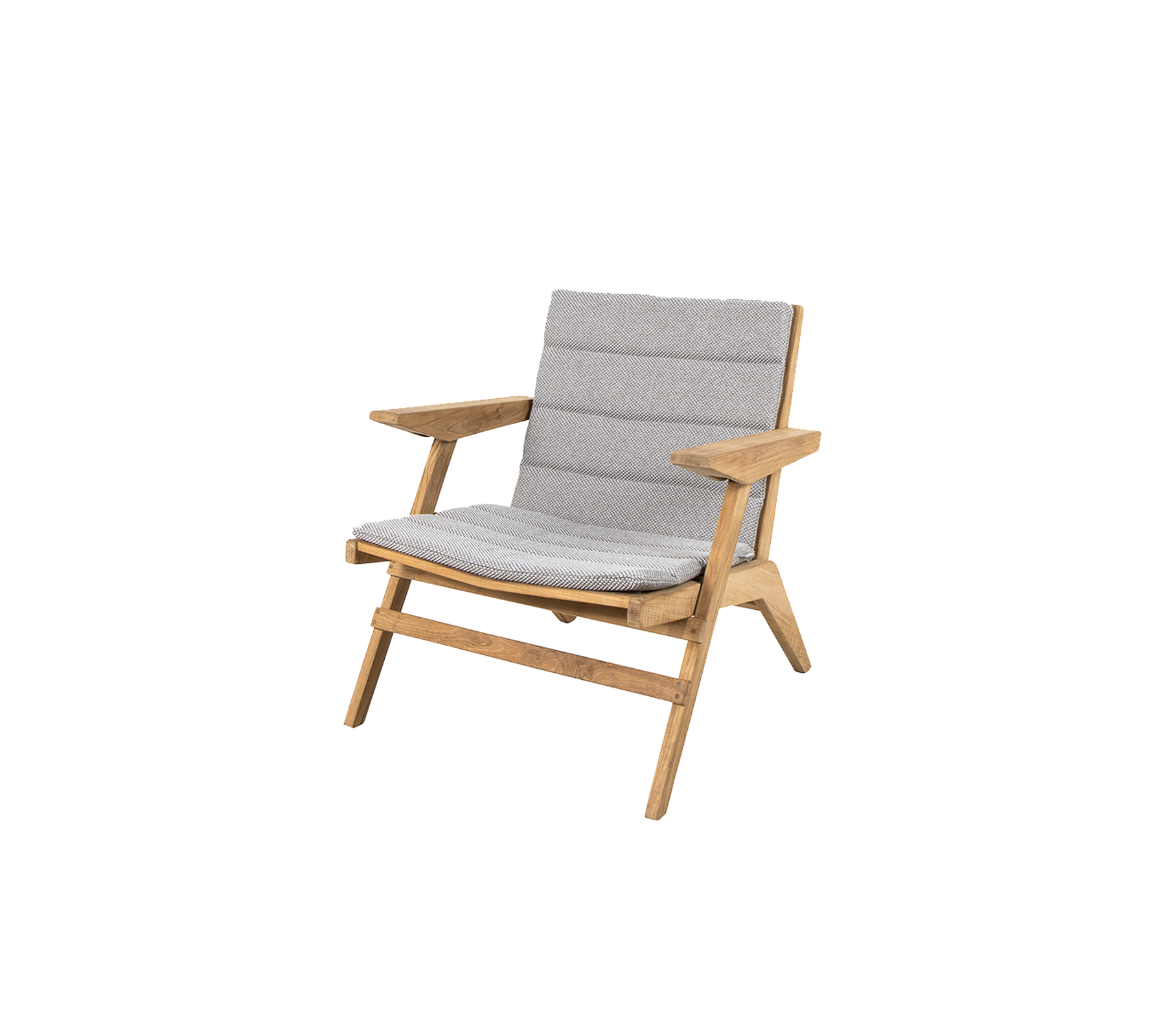 Stilig loungestol med trästomme och mjuka grå kuddar, designad för komfort och modern estetik.