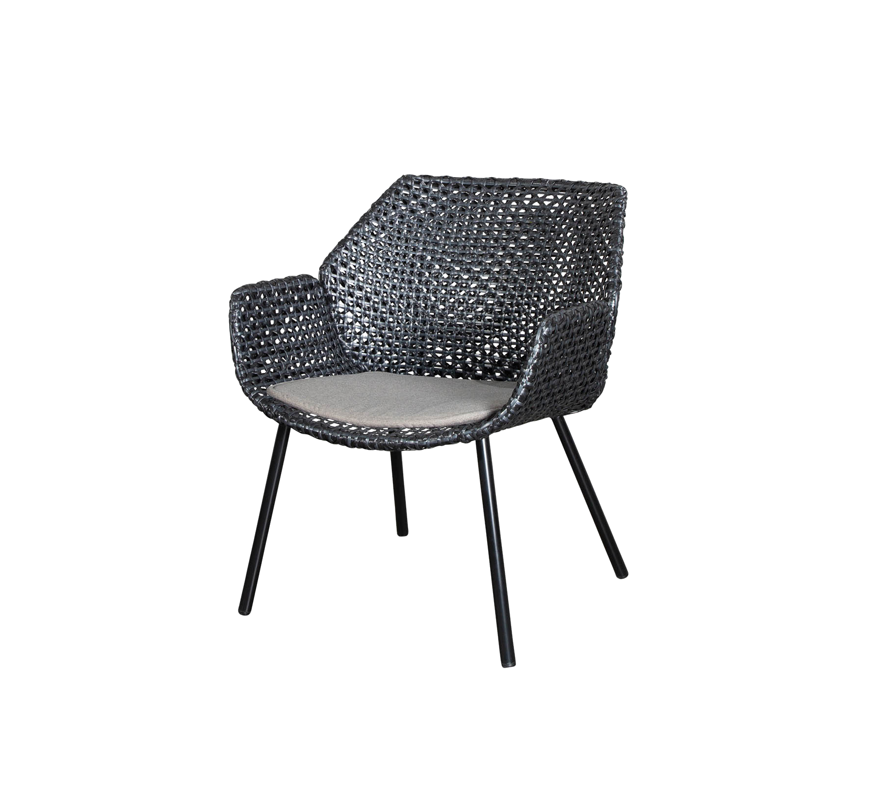 Stilig vävd stol med en bekväm kudde, som har en modern design och stabila ben för stöd. Perfekt för avslappning.