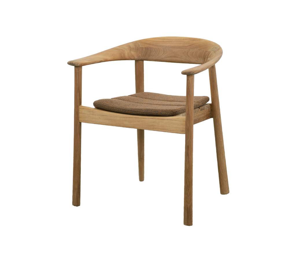 Teakstol med umberbrunt kuddar i en modern matsituation.