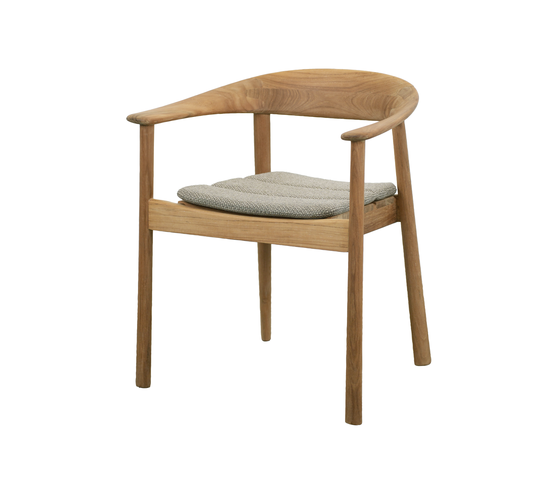 Teakstol med grå kudde i modern design.