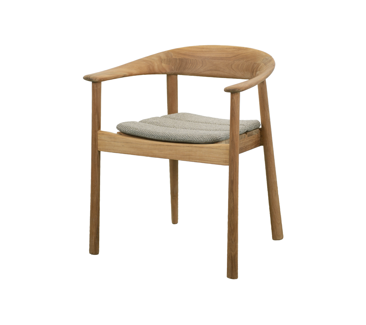 Teakstol med grå kudde i modern design.