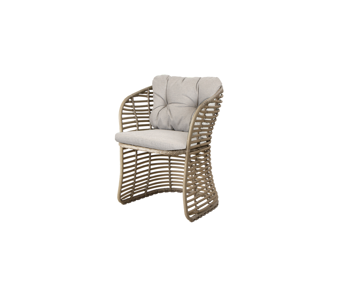 Stilig vävd stol med vadderad sits och ryggstöd i en neutral färg, perfekt för moderna sittarrangemang.