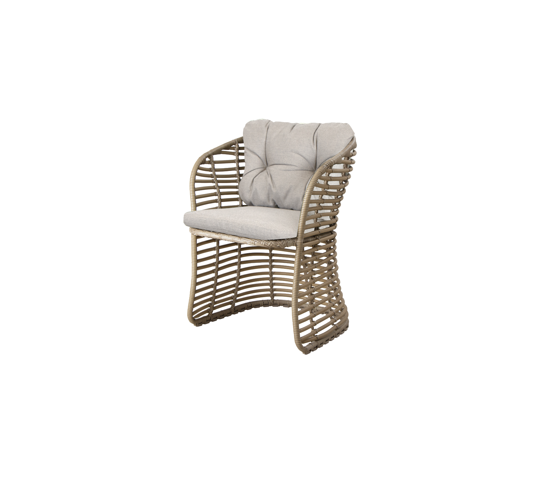 Stilig vävd stol med vadderad sits och ryggstöd i en neutral färg, perfekt för moderna sittarrangemang.