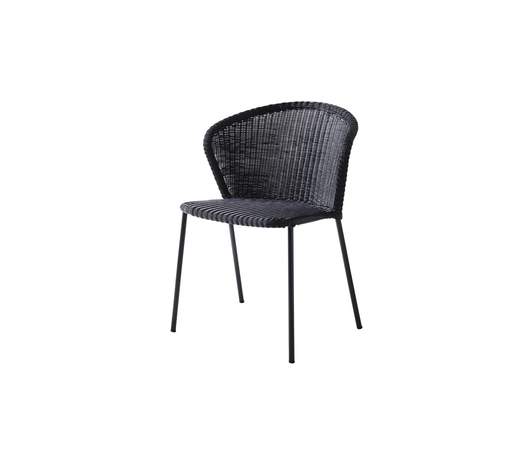 Stilfull svart vävd stol med en böjd rygg och smala metallben, perfekt för moderna eller samtida miljöer.