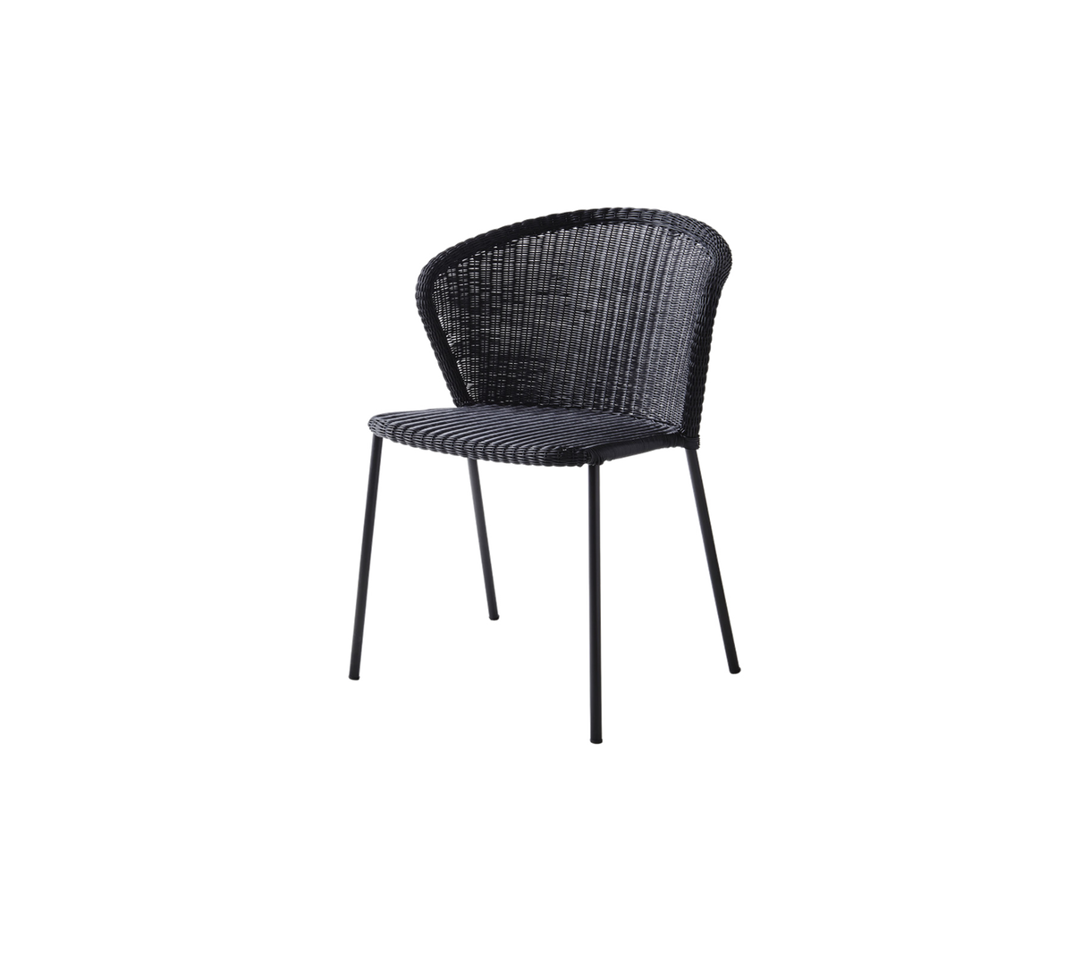 Stilfull svart vävd stol med en böjd rygg och smala metallben, perfekt för moderna eller samtida miljöer.